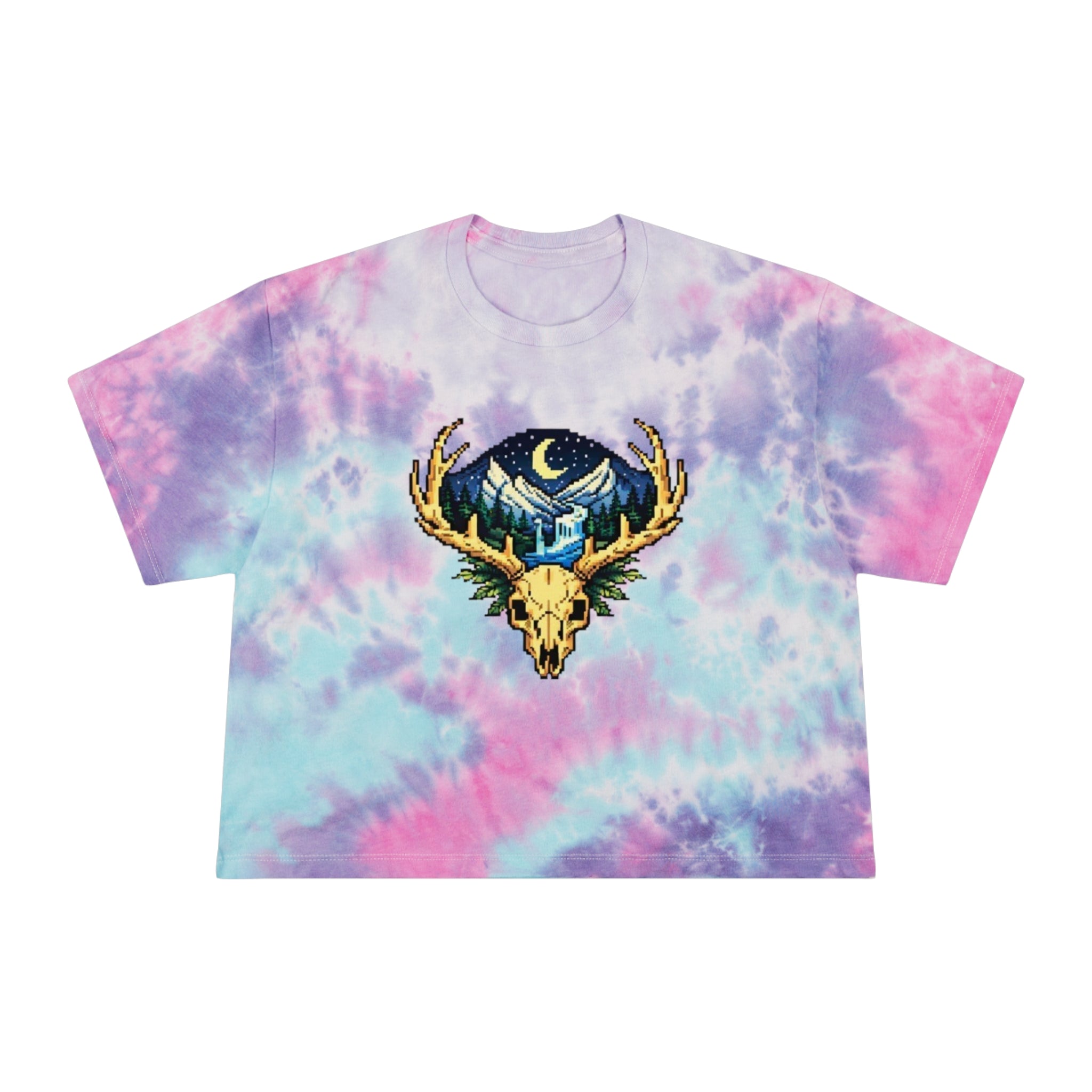 Tie-Dye Crop Tee | Pixel Art Deer Skull & Mountainscape