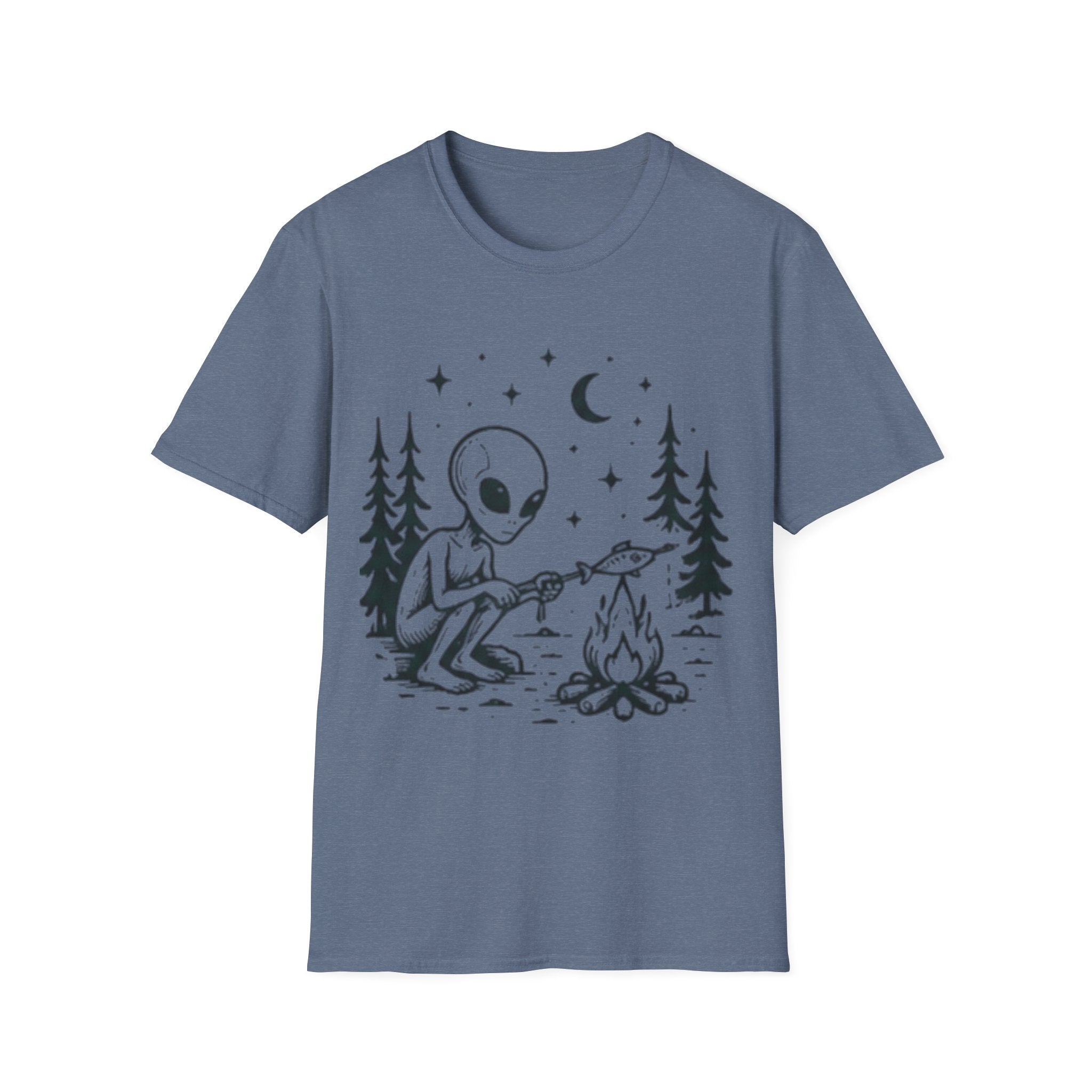 Alien Camping T-Shirt | Cute Space Alien Roasting Fish Graphic Tee