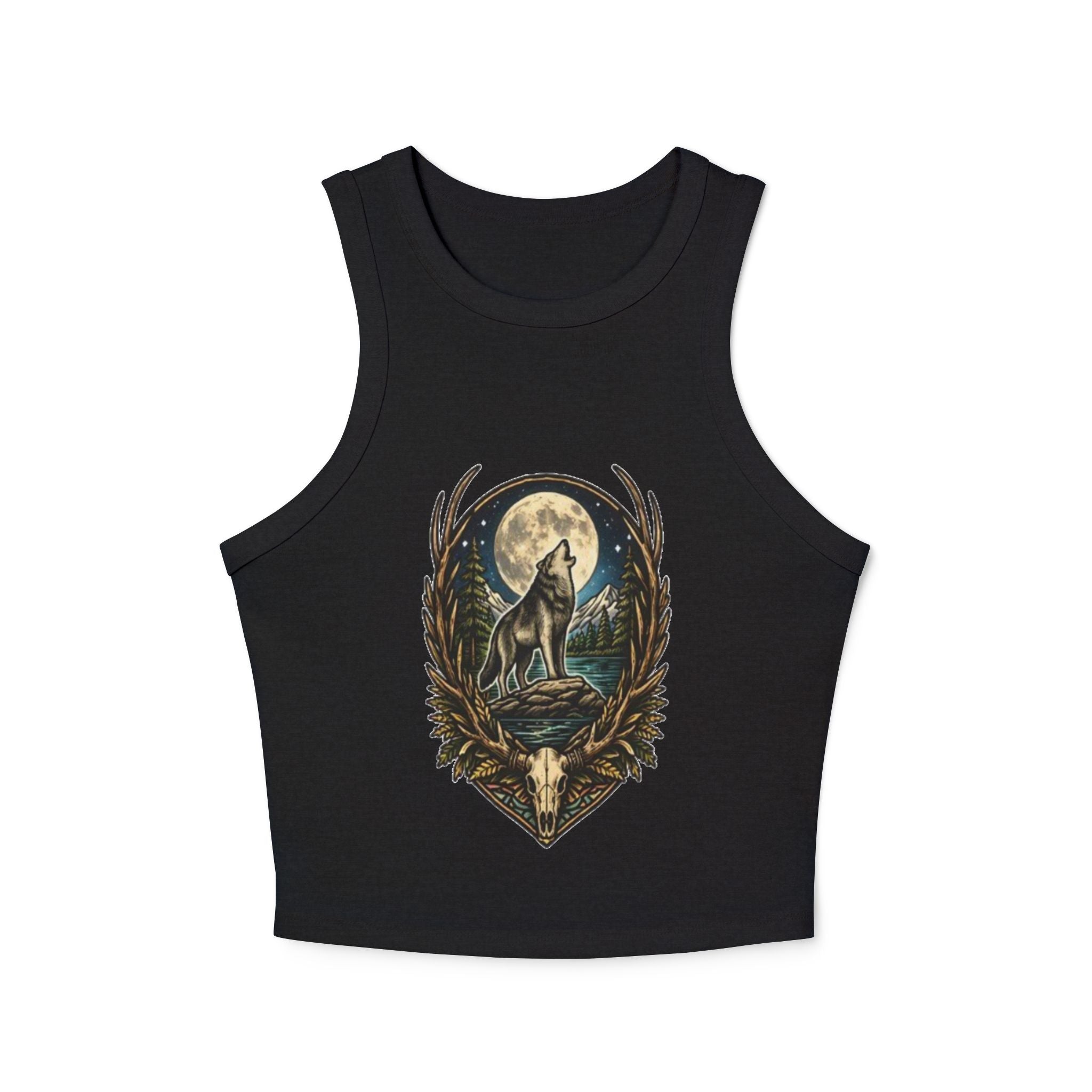 Wolf Howl Racer Tank Top | Moonlight Forest Graphic Crop Top