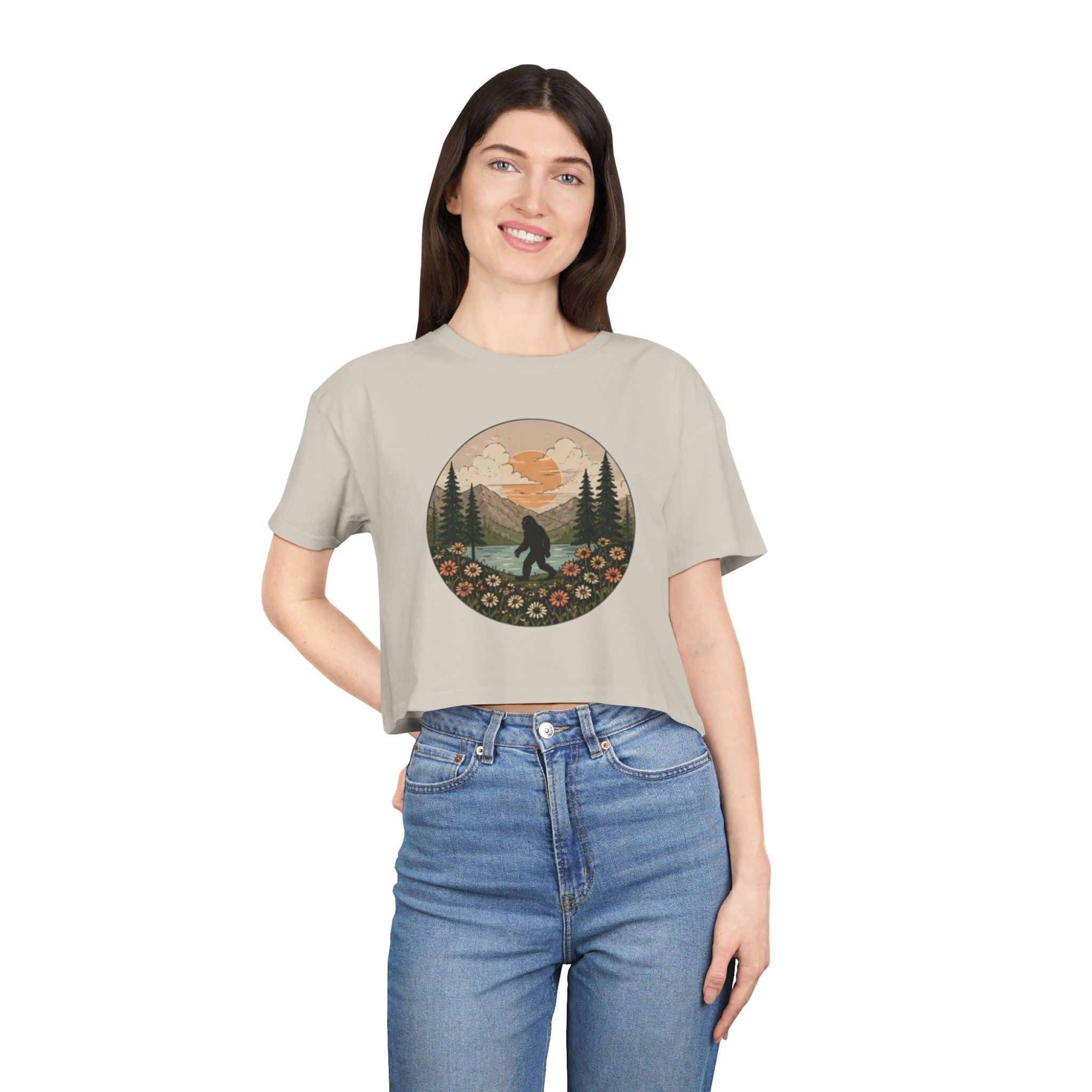 Bigfoot Sunset Crop Tee | Retro Mountain Floral Sasquatch Design