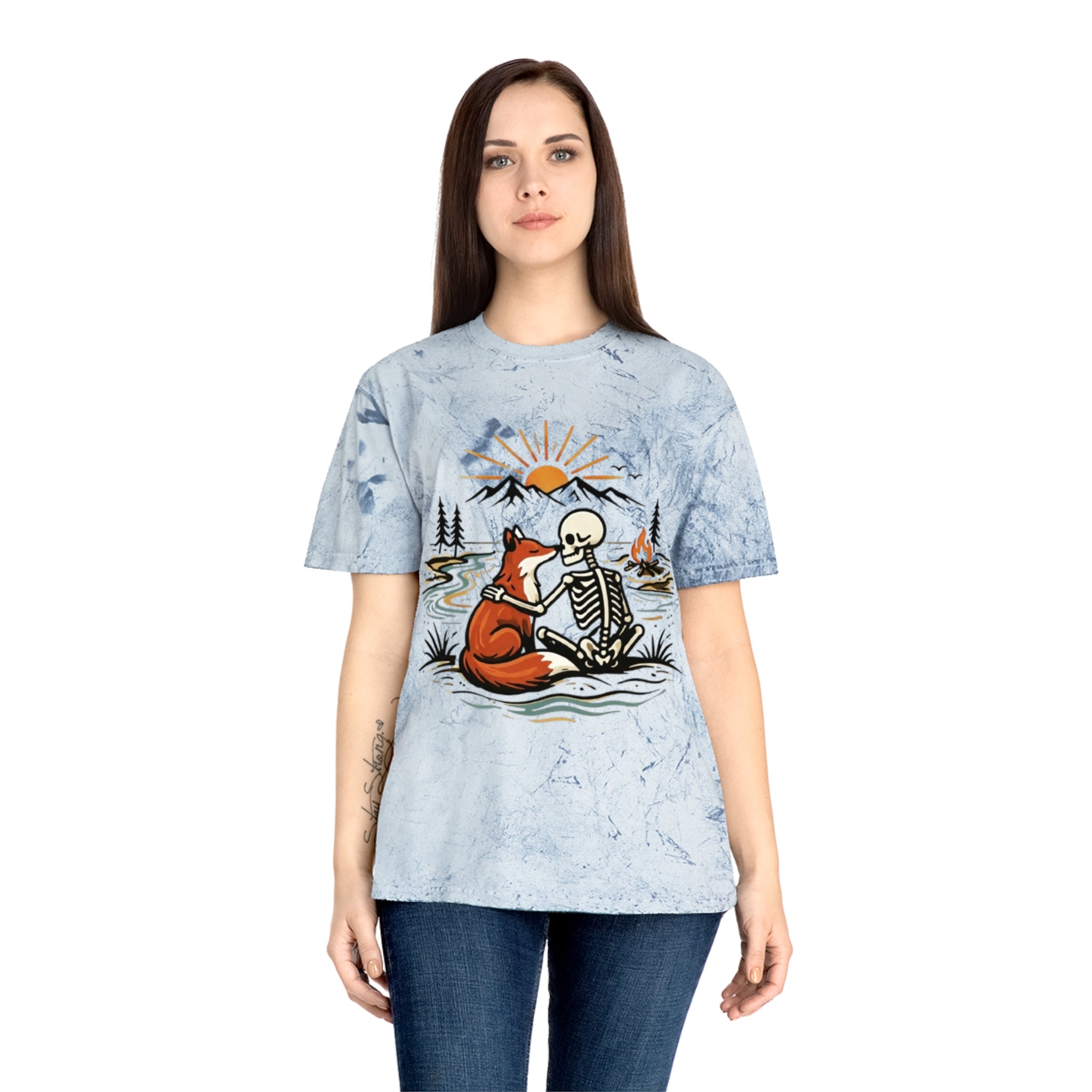 Fox & Skeleton Sunset T-Shirt | Vintage Nature Graphic Tee