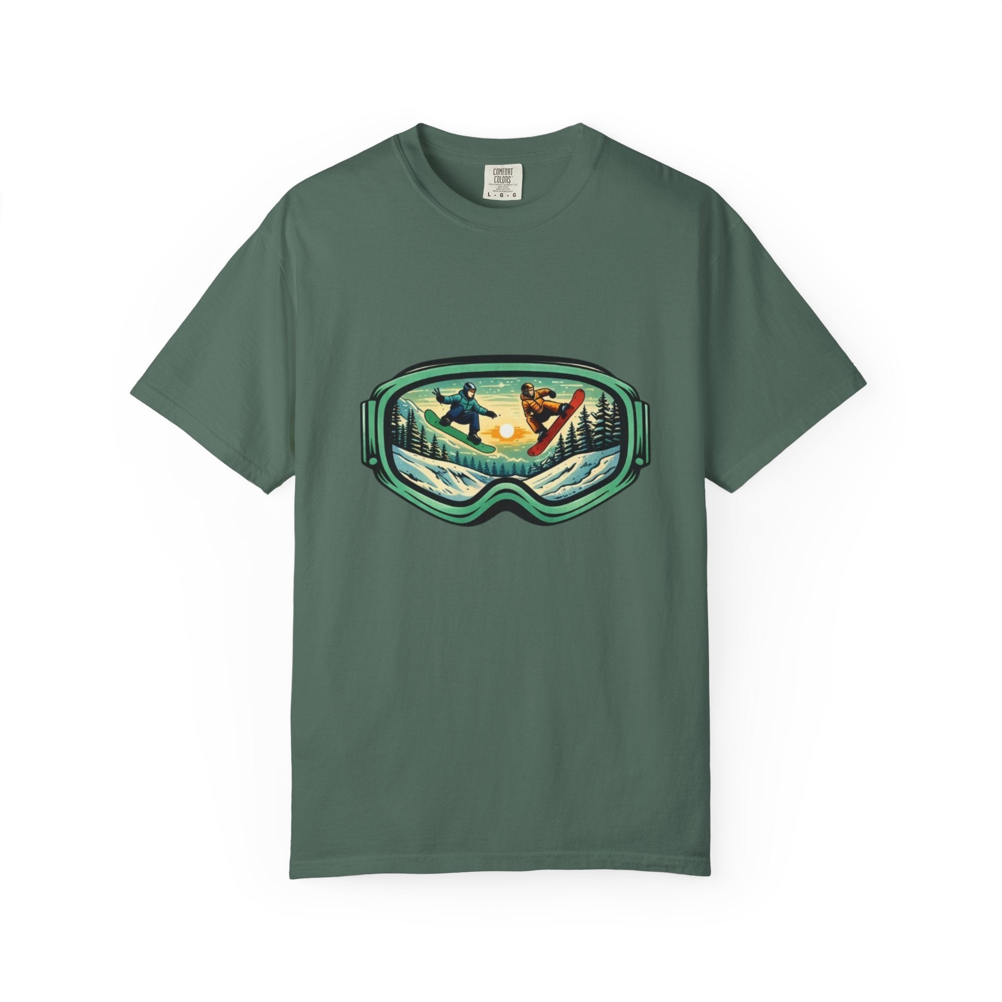 Snowboard Goggles Graphic T-Shirt | Mountain Scene with Ride the Ridge Design