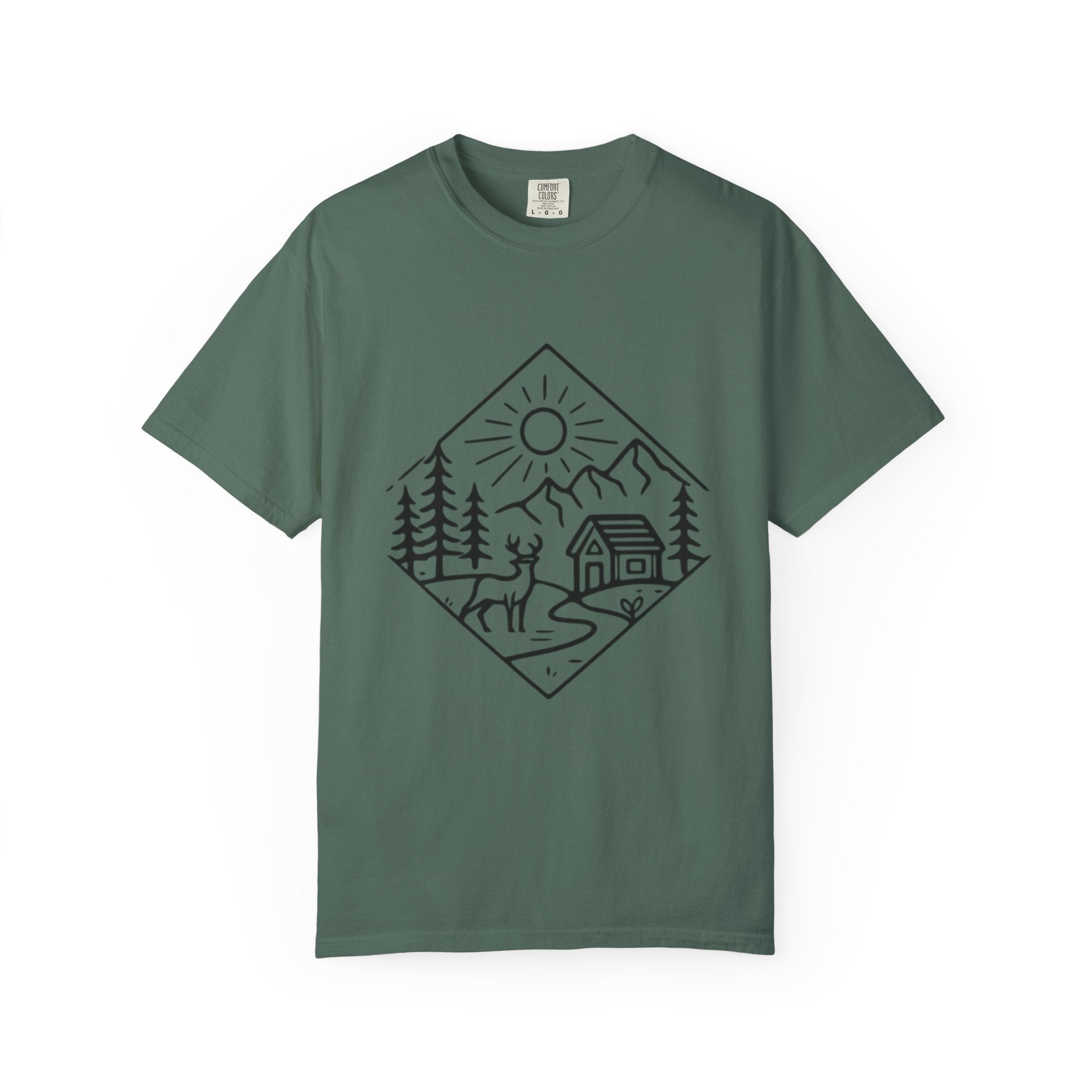 Cabin Adventure Graphic T-Shirt | Mountain, Deer & Forest Line Art