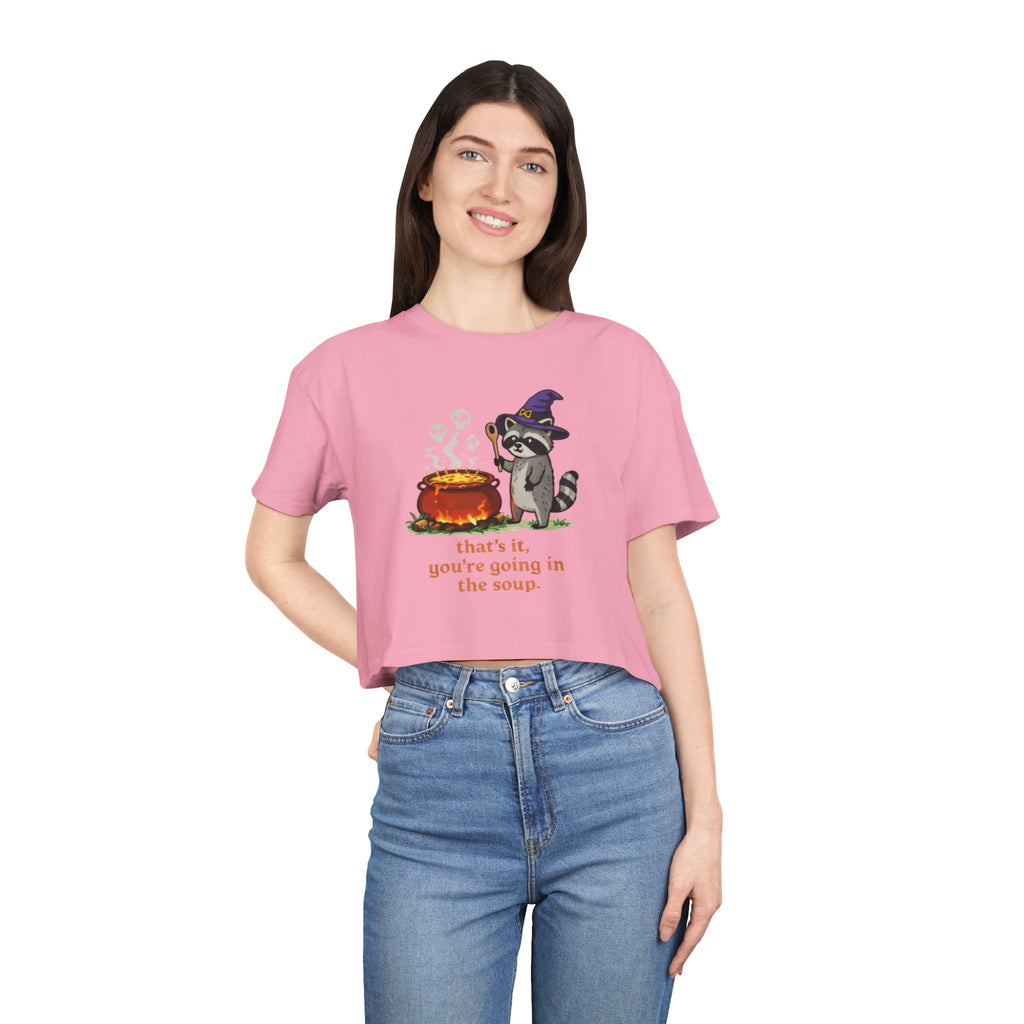 Witch Raccoon Crop Tee | "thats it youre going in the soup" Halloween Graphic Top