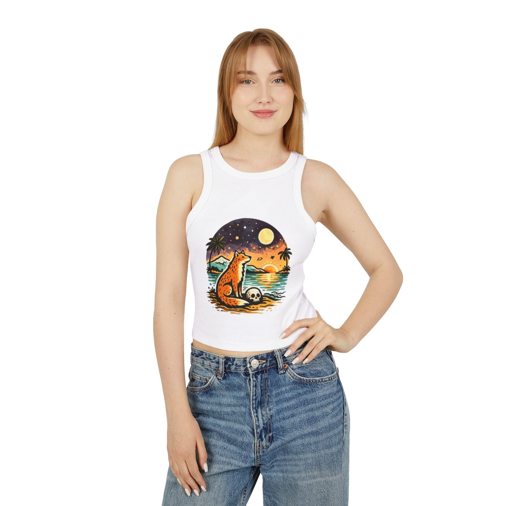 Fox Sunset Racer Tank Top | Vintage Beach Moon Graphic