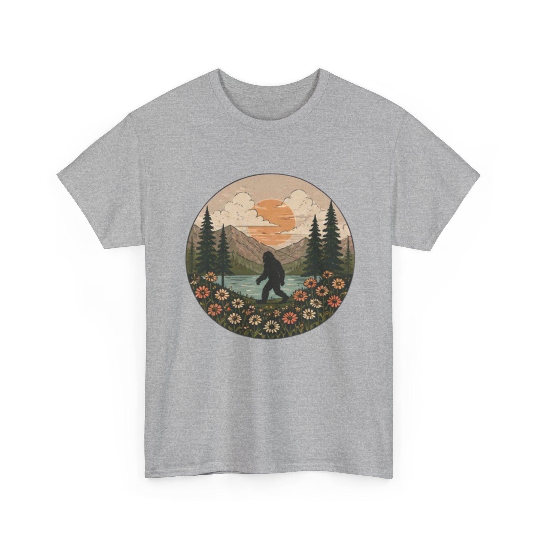 Bigfoot Meadow Retro Tee | Vintage Sasquatch with Flowers