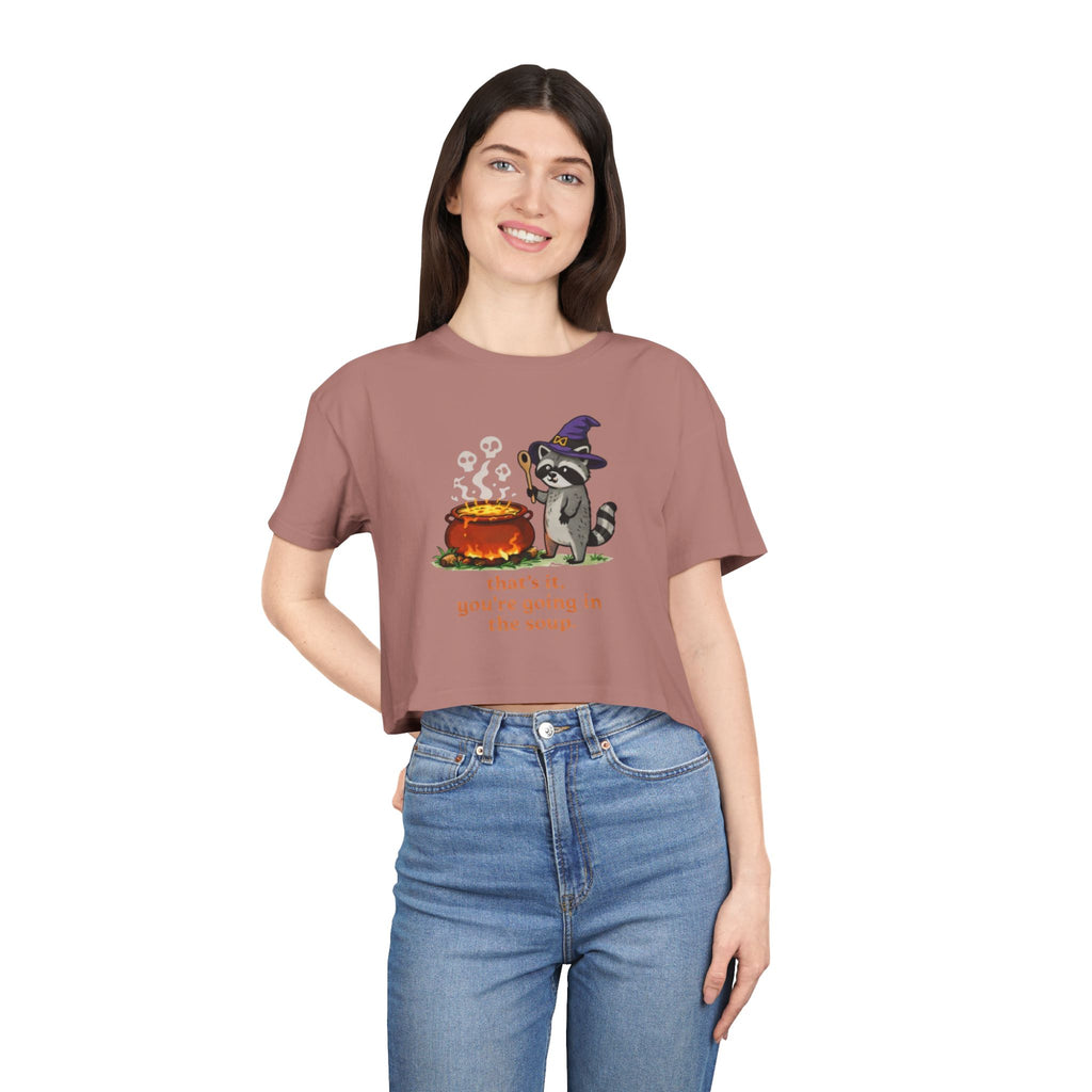 Witch Raccoon Crop Tee | "thats it youre going in the soup" Halloween Graphic Top