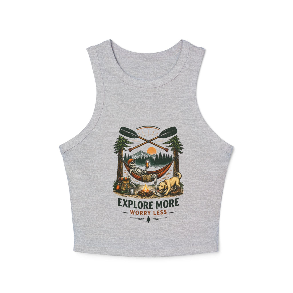Explore More Worry Less Racer Tank | Womens Adventure Graphic Tank Top