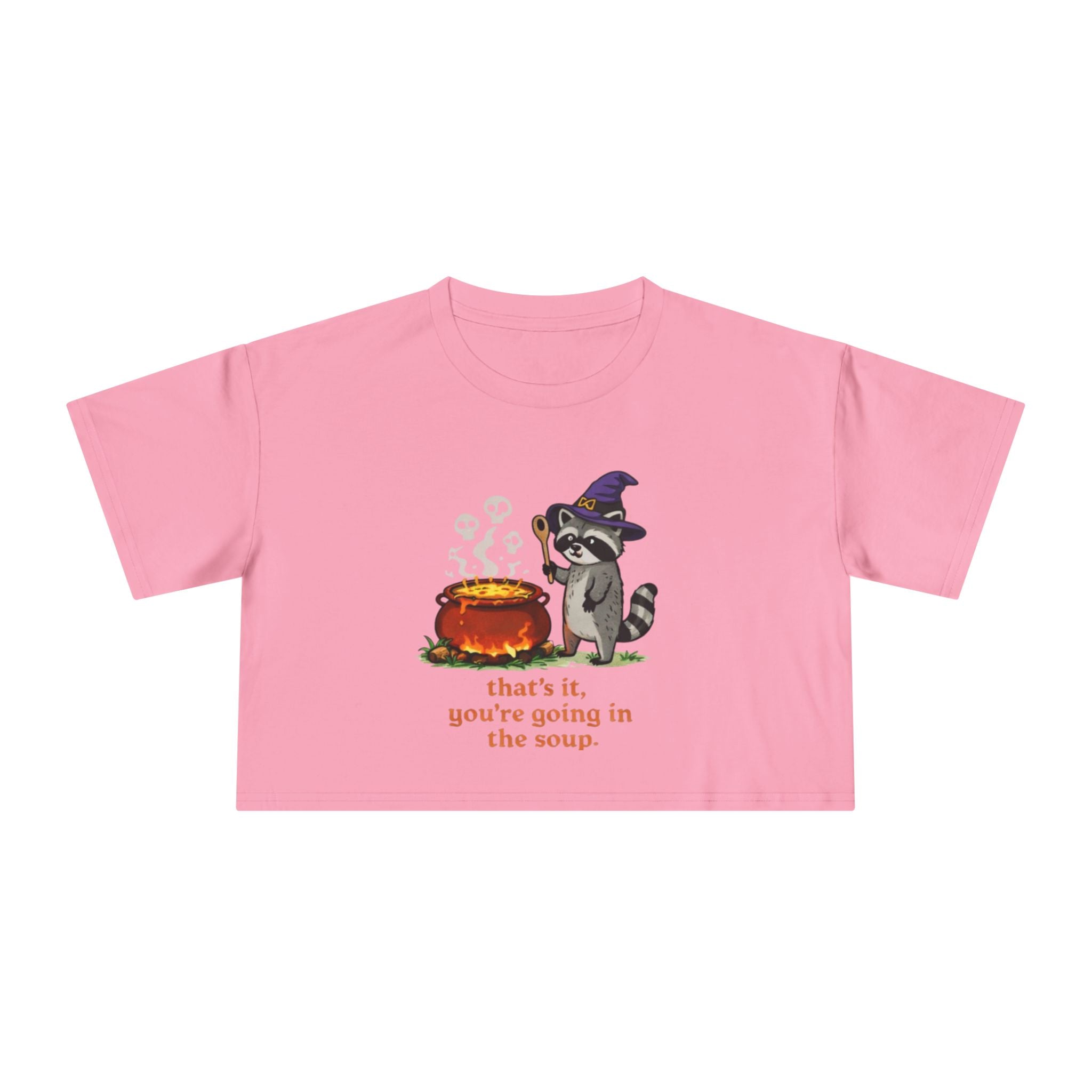 Witch Raccoon Crop Tee | "thats it youre going in the soup" Halloween Graphic Top