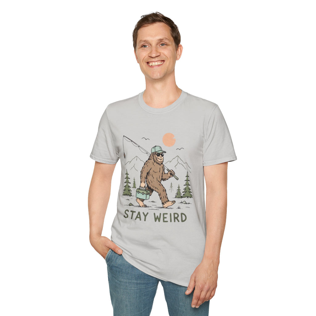 Stay Weird Bigfoot Fishing T-Shirt | Funny Sasquatch Graphic Tee for Nature Lovers