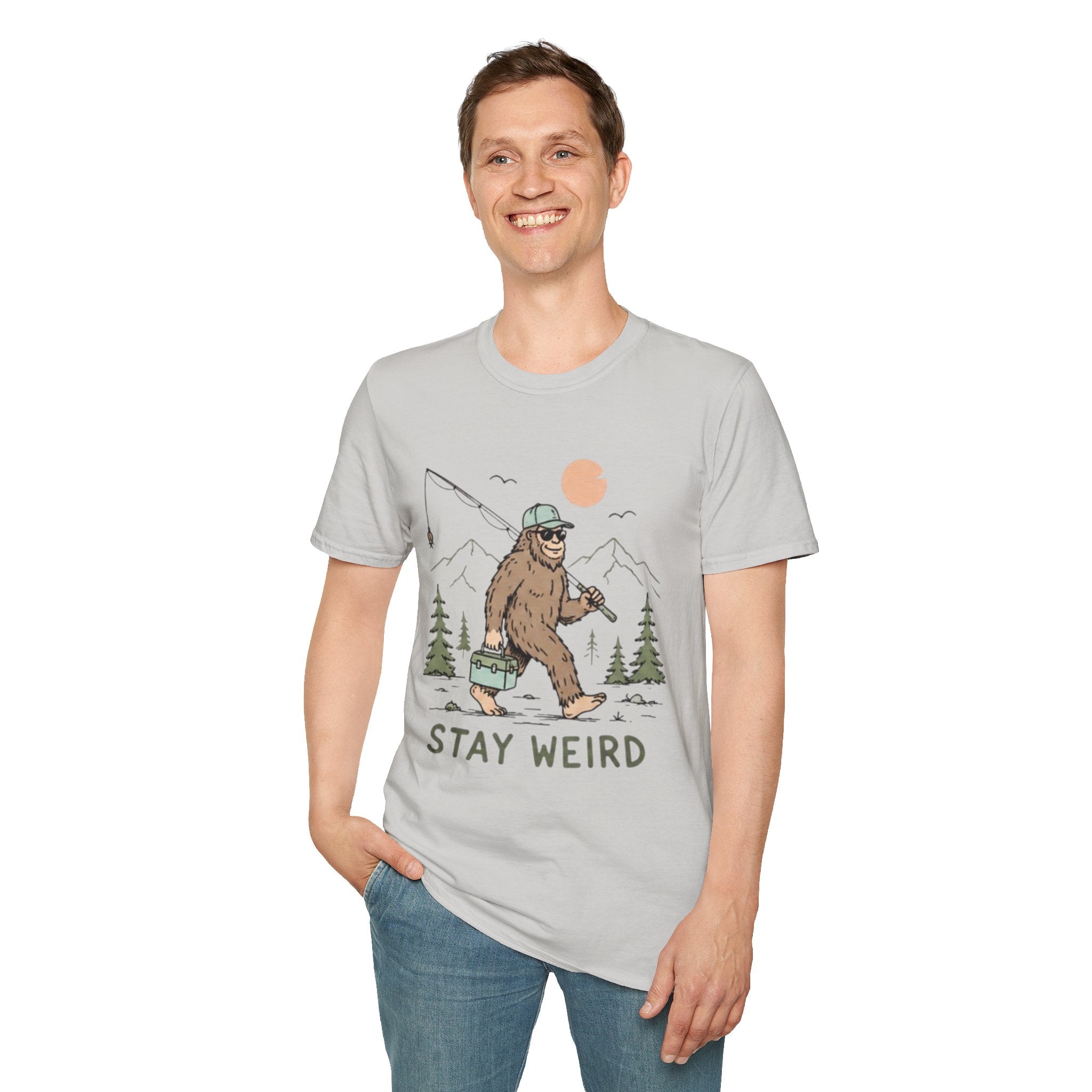 Stay Weird Bigfoot Fishing T-Shirt | Funny Sasquatch Graphic Tee for Nature Lovers