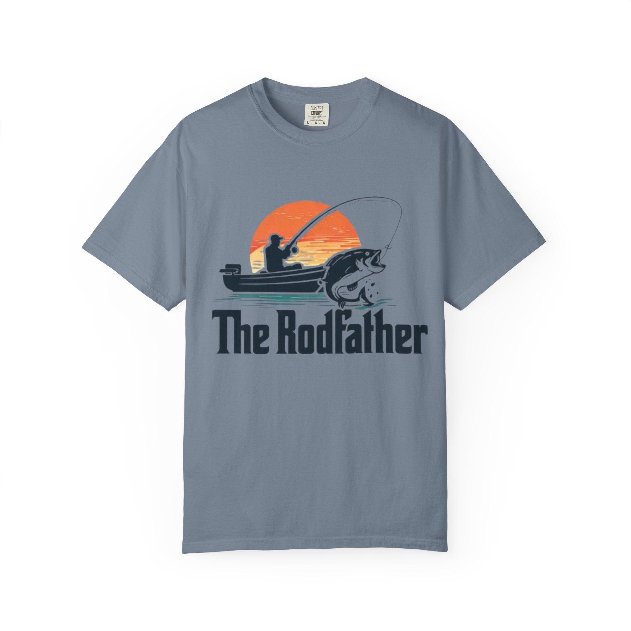 The Rodfather fishing silhouette T-Shirt | Bass boat sunset design