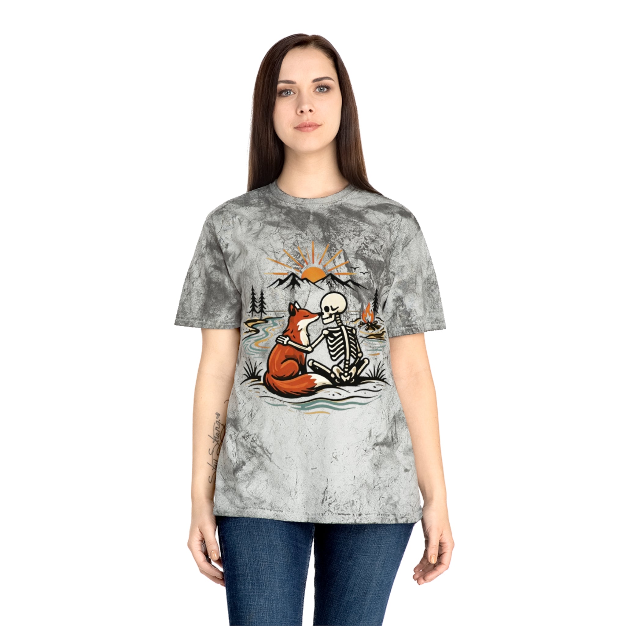 Fox & Skeleton Sunset T-Shirt | Vintage Nature Graphic Tee