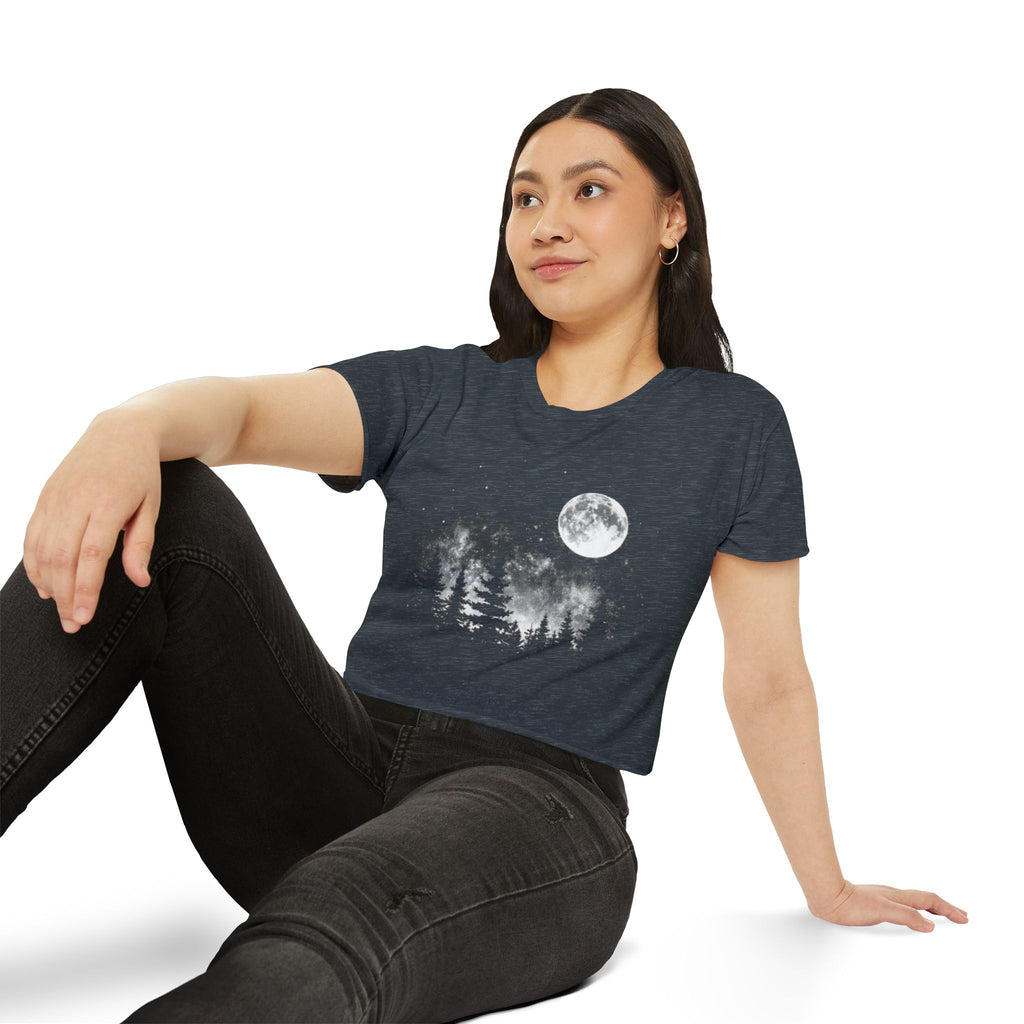 Moonlit Forest Crop Top | Women's Festival Moon & Pine Tree Graphic