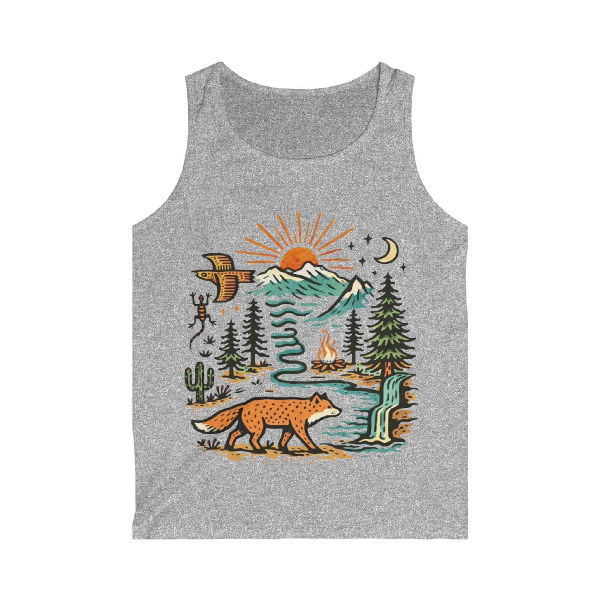 Nature Scene Tank Top | Fox, Mountains & Campfire Outdoor Graphic Tank
