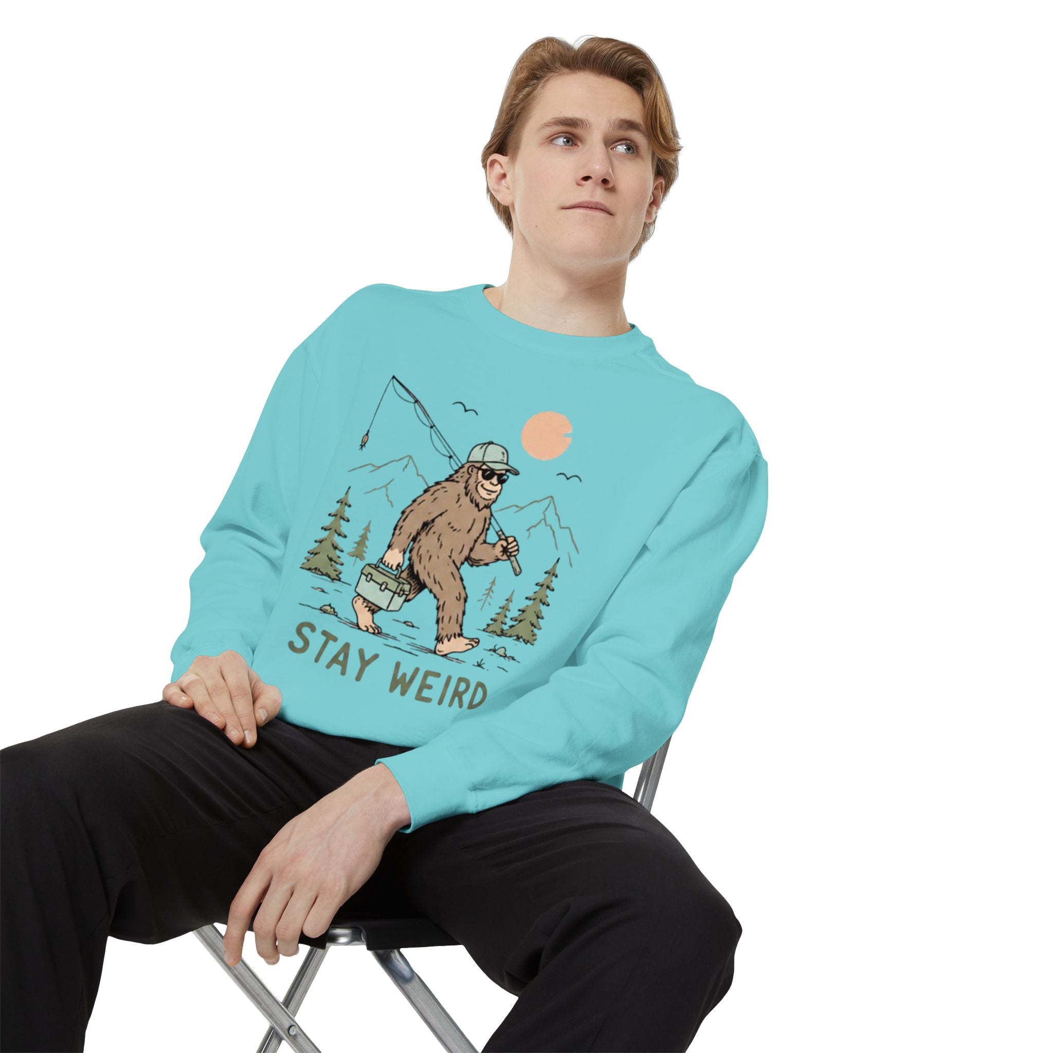 Stay Weird Sweatshirt | Fishing Sasquatch Graphic Crewneck