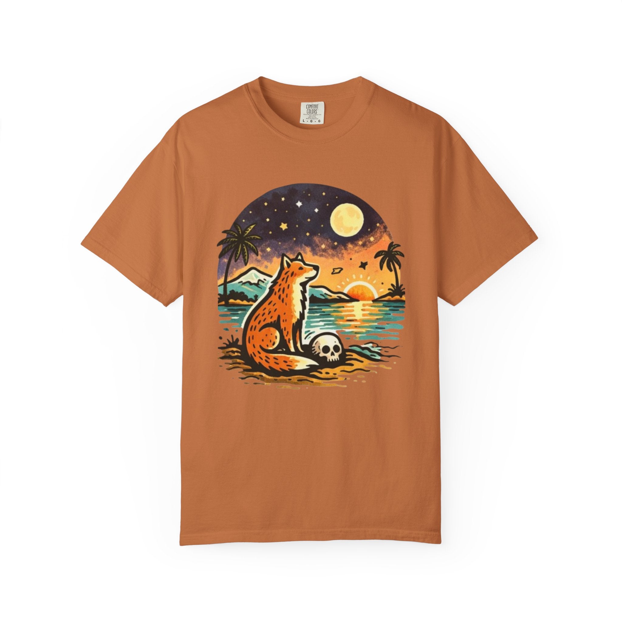 Fox Sunset T-Shirt - Beach Fox Graphic Tee with Skull, Moon & Palm Trees