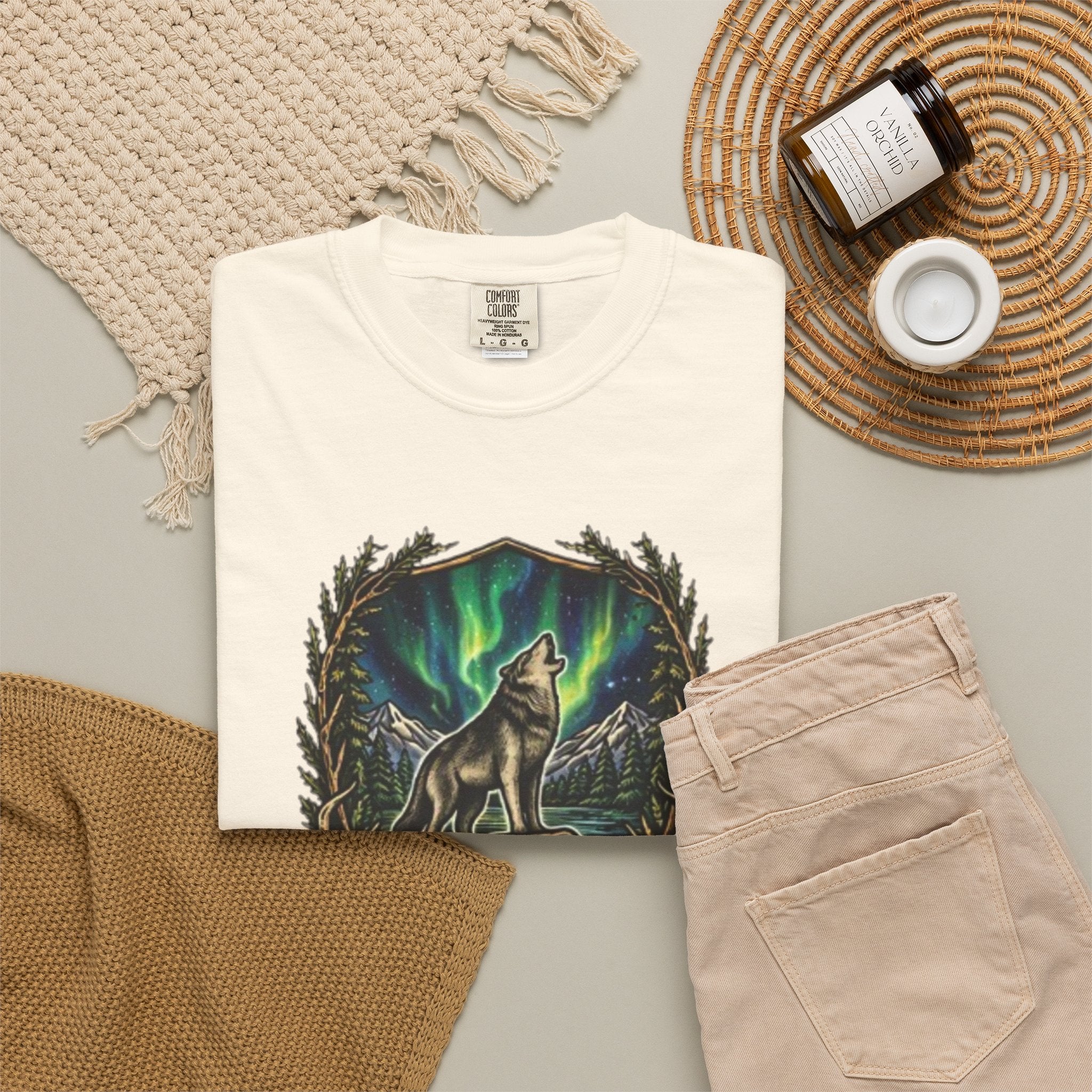 Deer Skull and Wolf Howling T-Shirt | Northern Lights Nature Graphic Tee