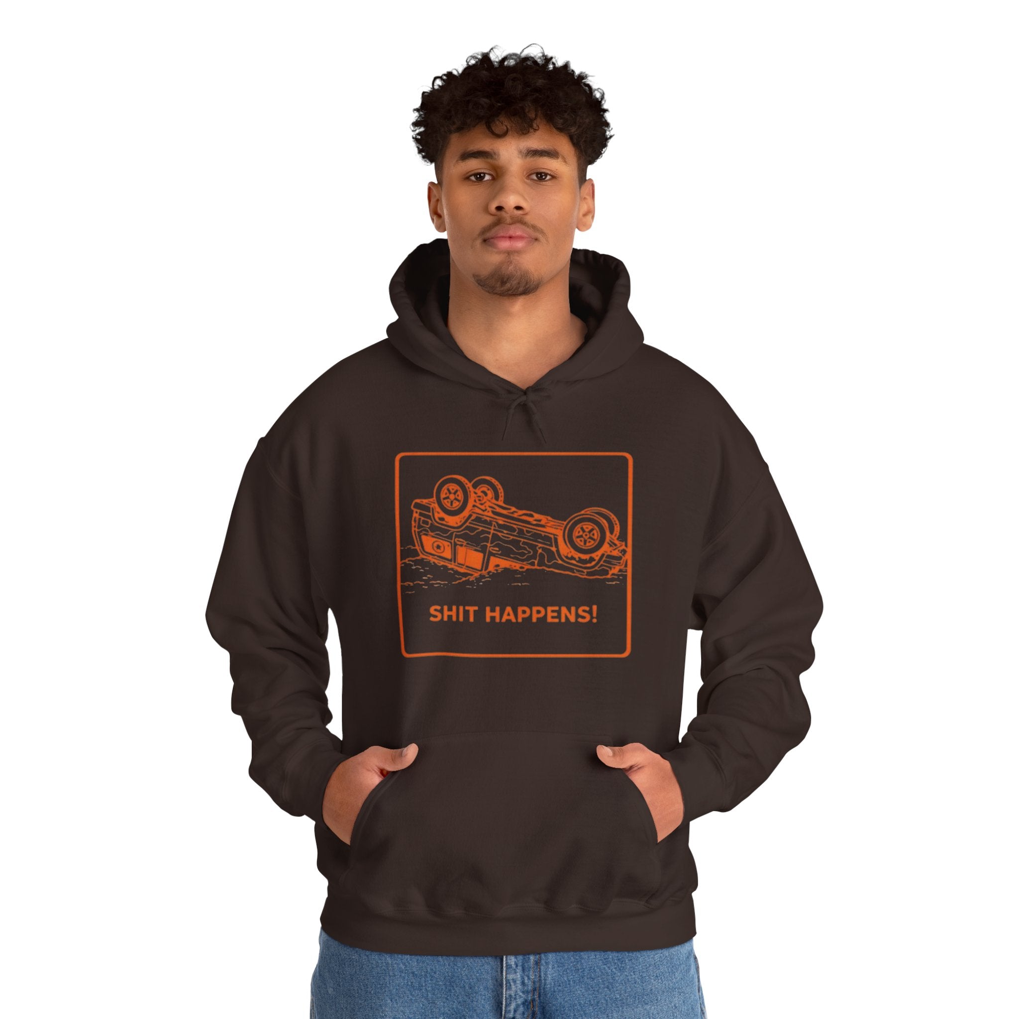 Hoodie | "Shit Happens" Upside-Down Car Graphic Comfort Hoodie