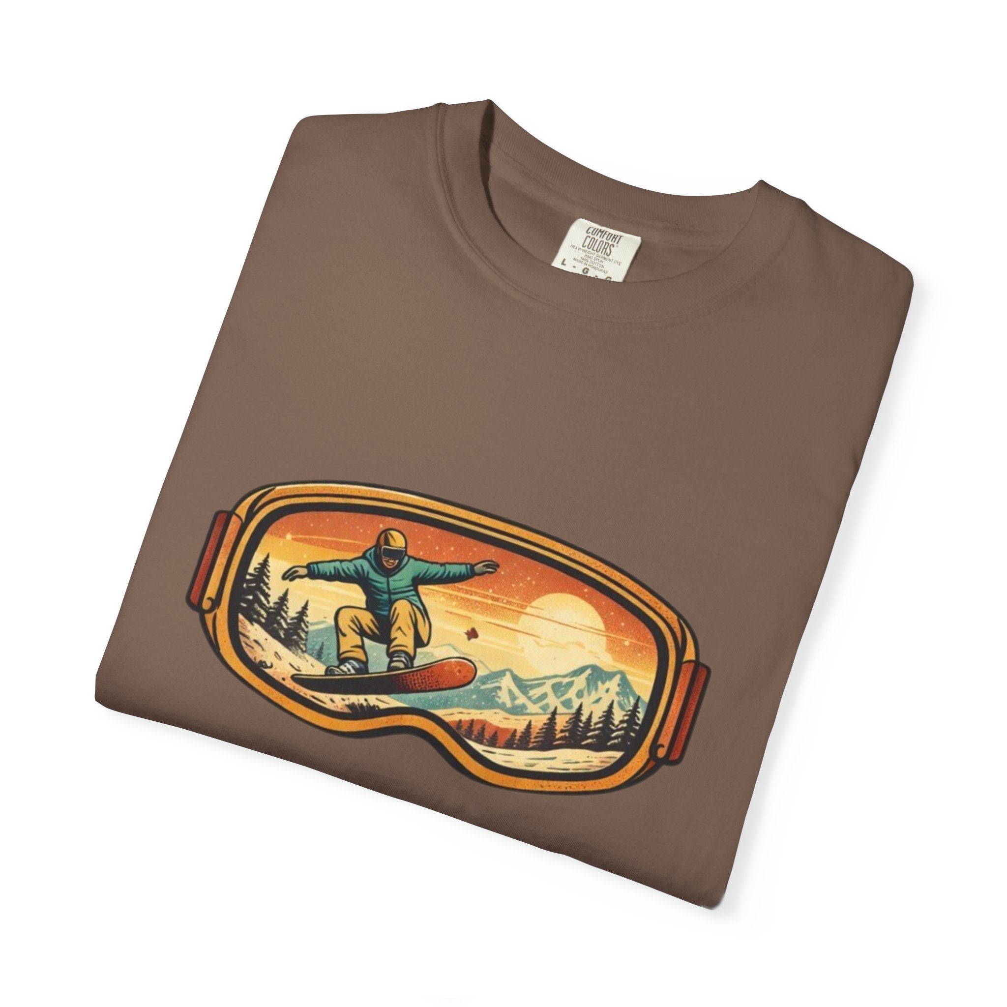 Snowboard Goggles Graphic T-Shirt | Retro Mountain Snowboarding Tee