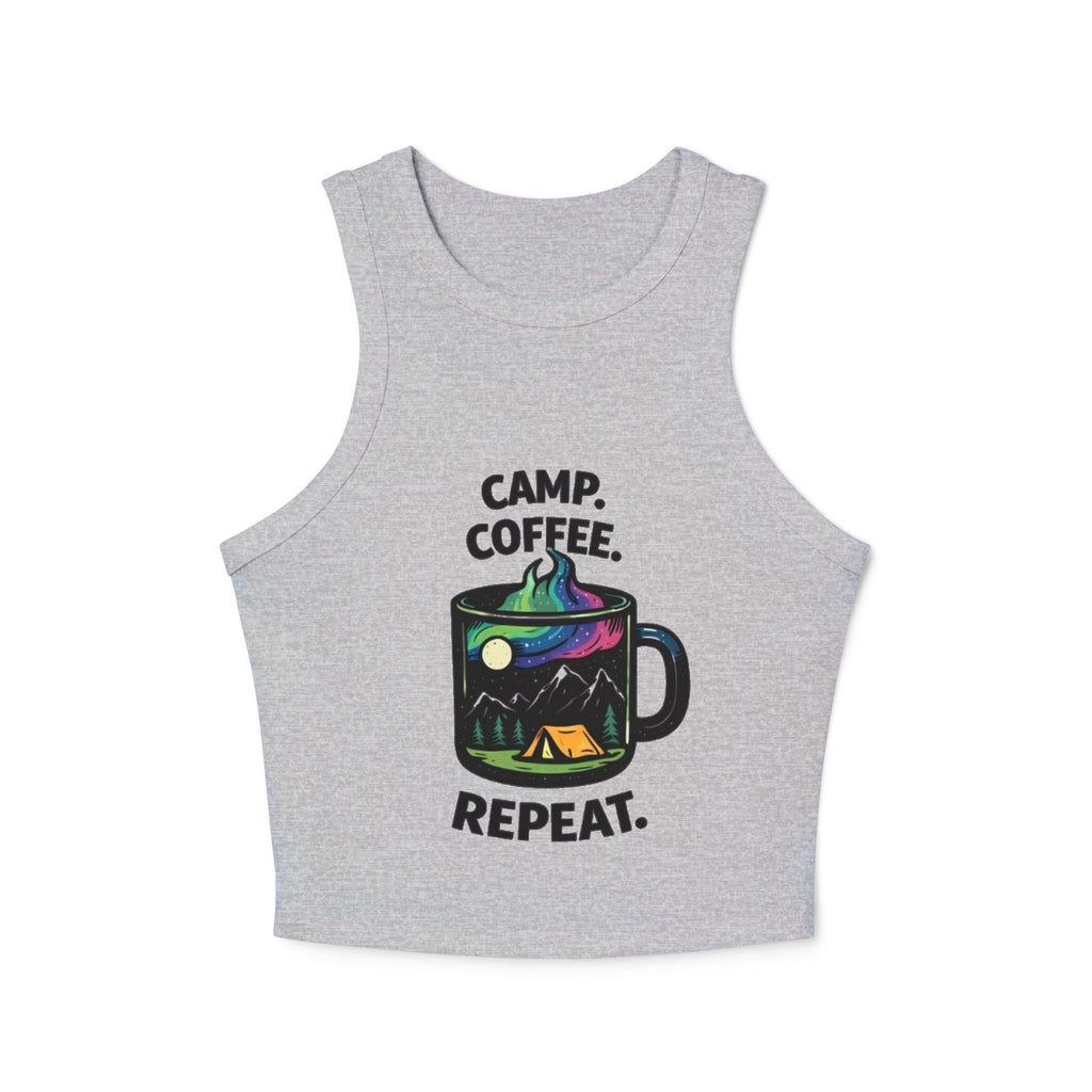 Camp Coffee Repeat Racer Tank | Womens Camping Coffee Graphic Tank Top