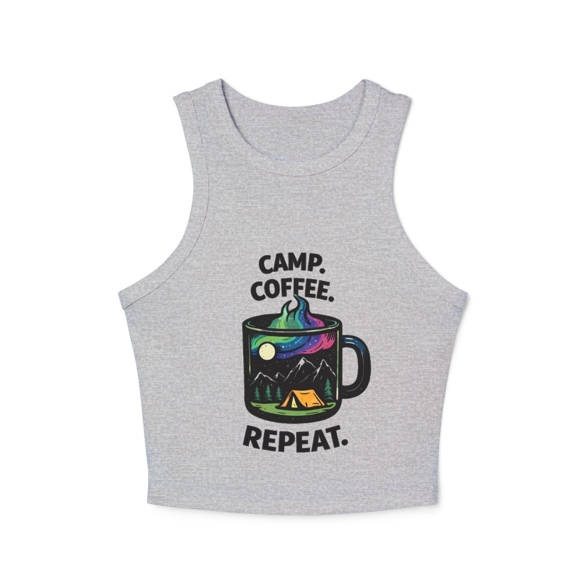 Camp Coffee Repeat Racer Tank | Womens Camping Coffee Graphic Tank Top