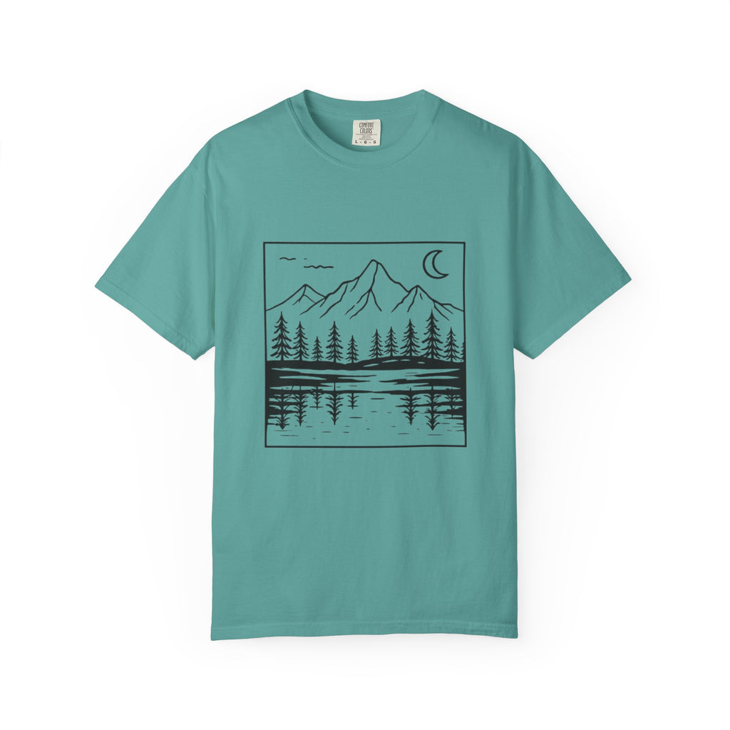 Mountain Lake T-Shirt | Minimal Nightscape with Pine Trees & Crescent Moon