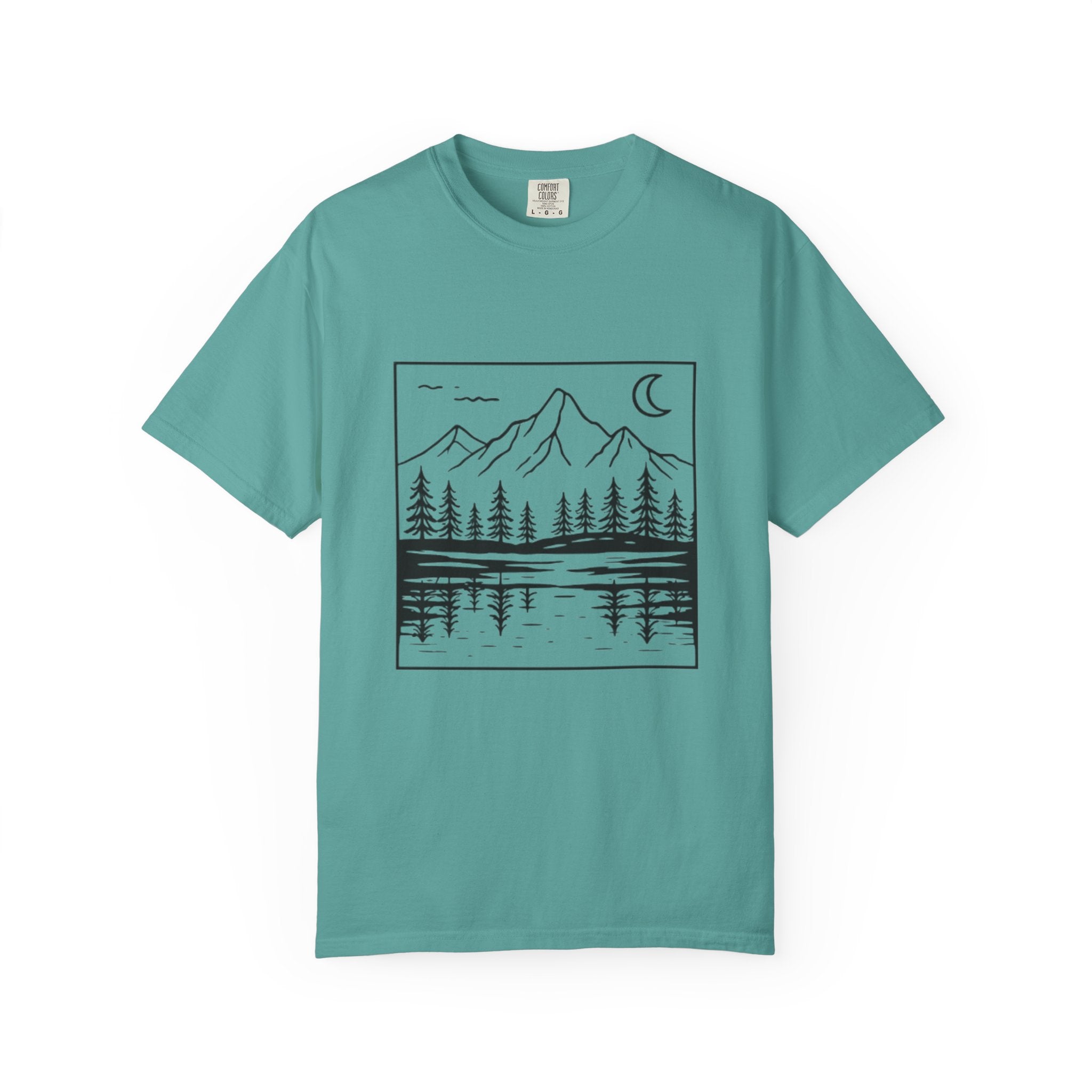 Mountain Lake T-Shirt | Minimal Nightscape with Pine Trees & Crescent Moon