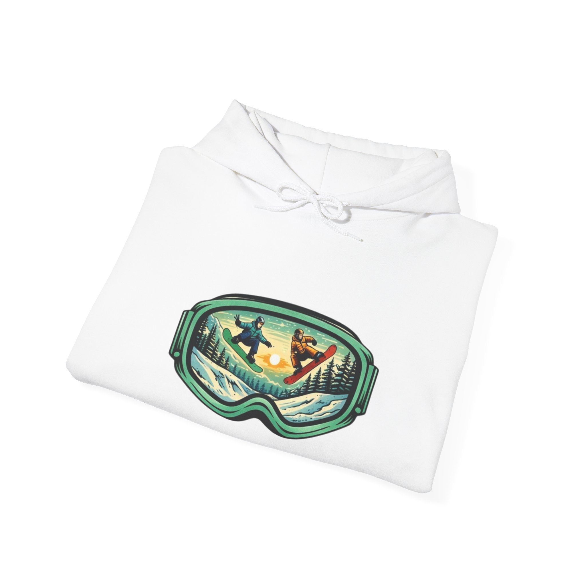 Snowboard Goggles Graphic Hoodie | Winter Mountain Sunset Scene