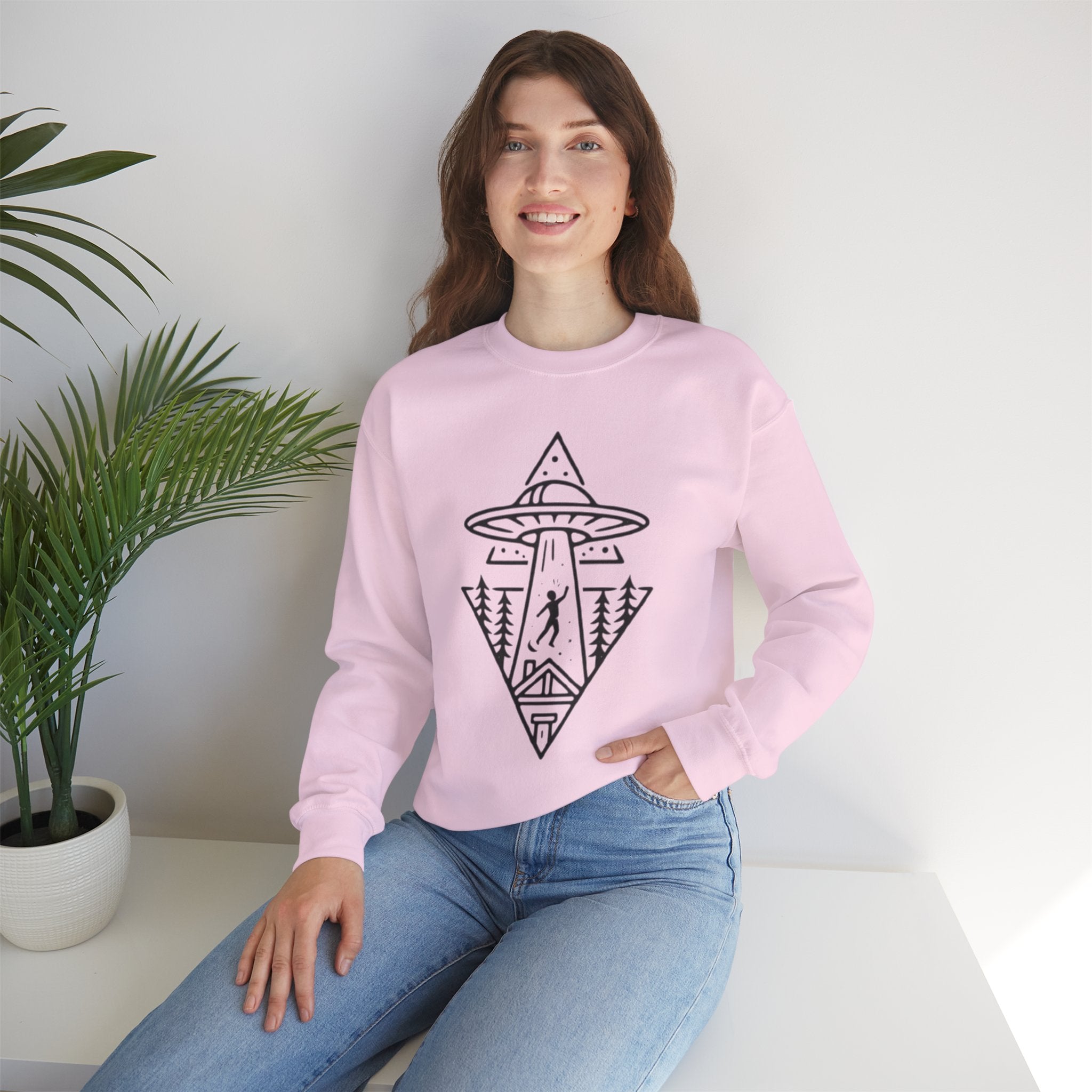 Alien Abduction Crewneck Sweatshirt | Geometric UFO Forest Design