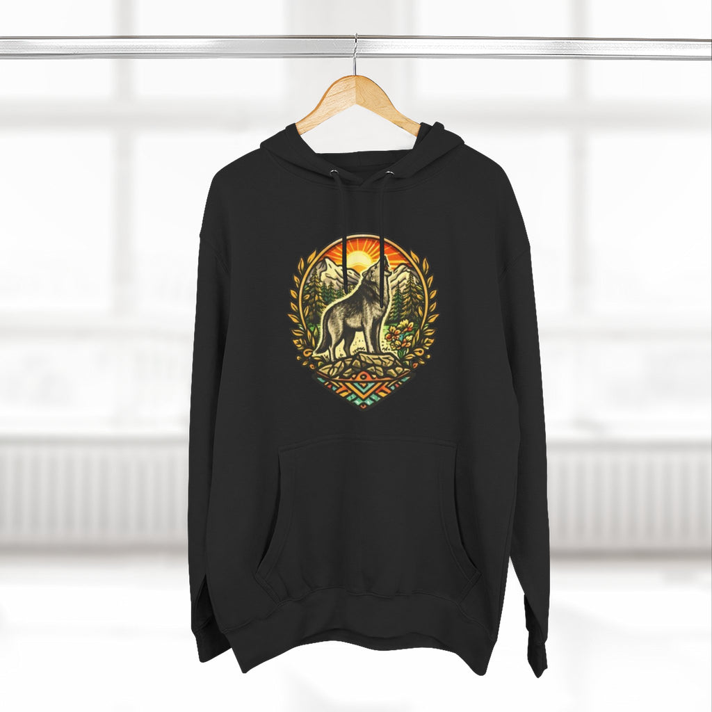 Wolf Sunset Hoodie | Vintage Forest Nature Graphic Fleece Hoodie