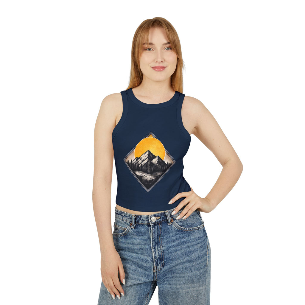 Womens Racer Tank Top | Mountain Sunset Graphic Crop Top