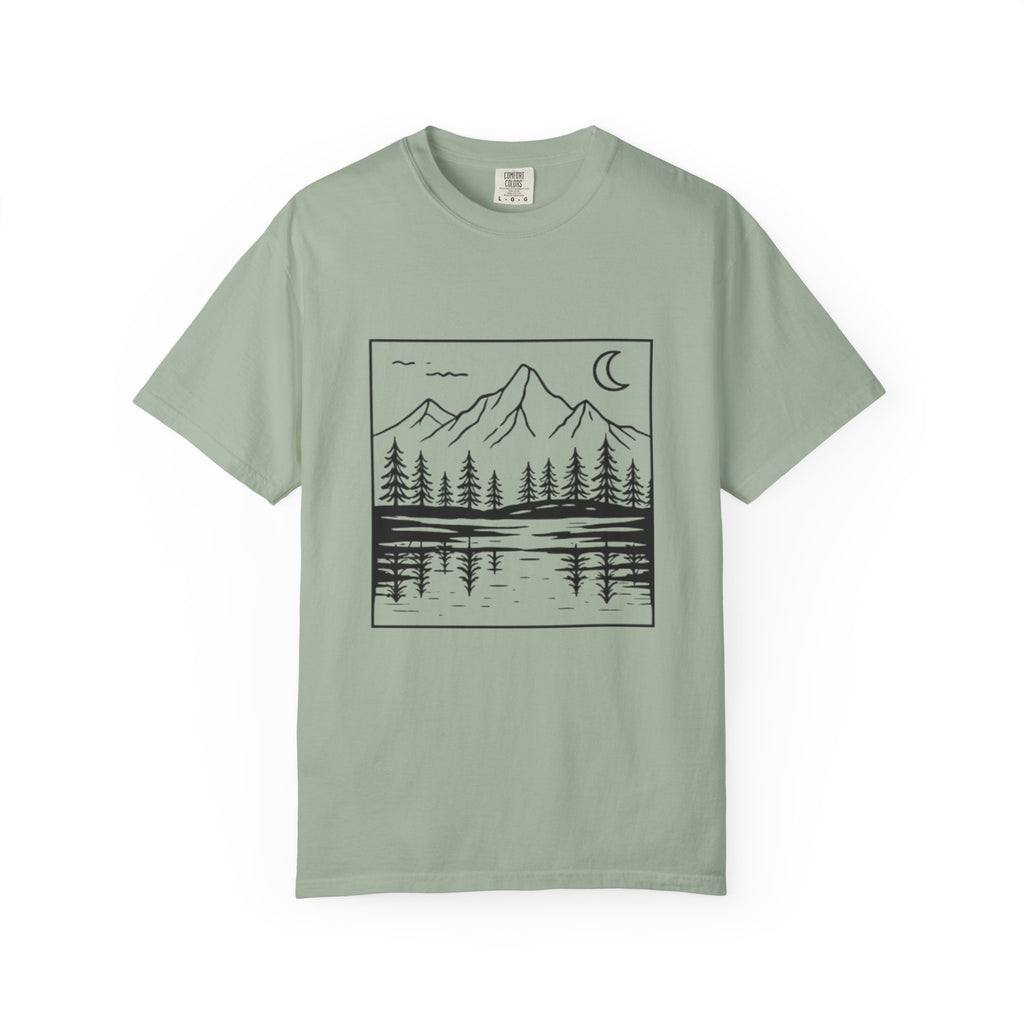 Mountain Lake T-Shirt | Minimal Nightscape with Pine Trees & Crescent Moon