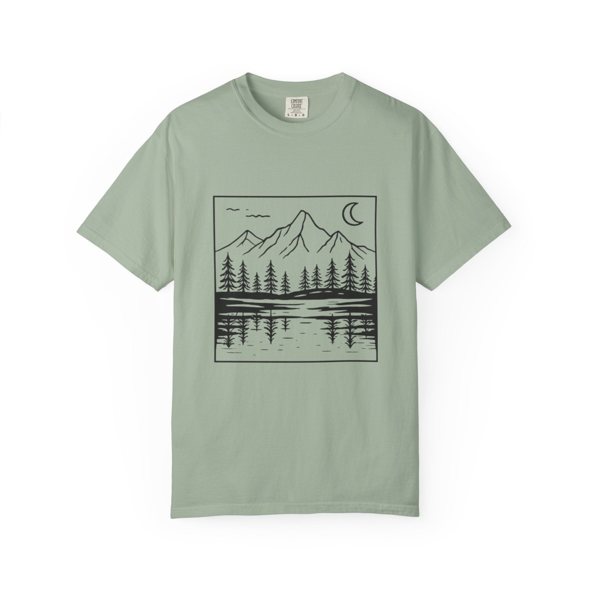 Mountain Lake T-Shirt | Minimal Nightscape with Pine Trees & Crescent Moon