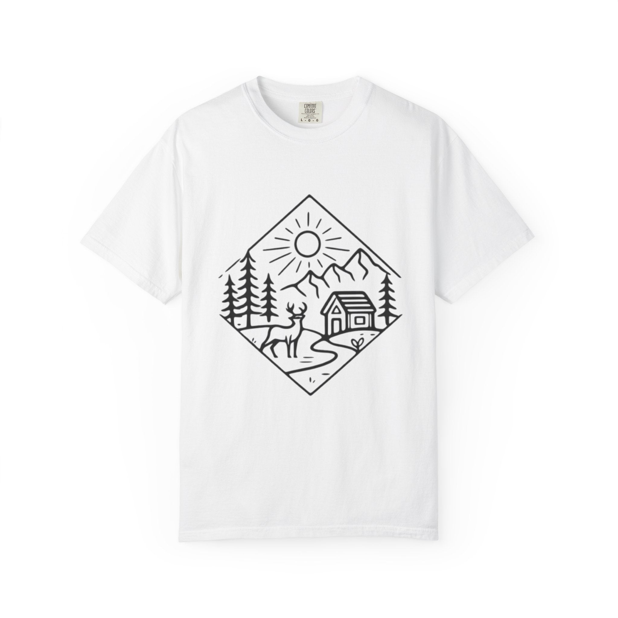 Cabin Adventure Graphic T-Shirt | Mountain, Deer & Forest Line Art