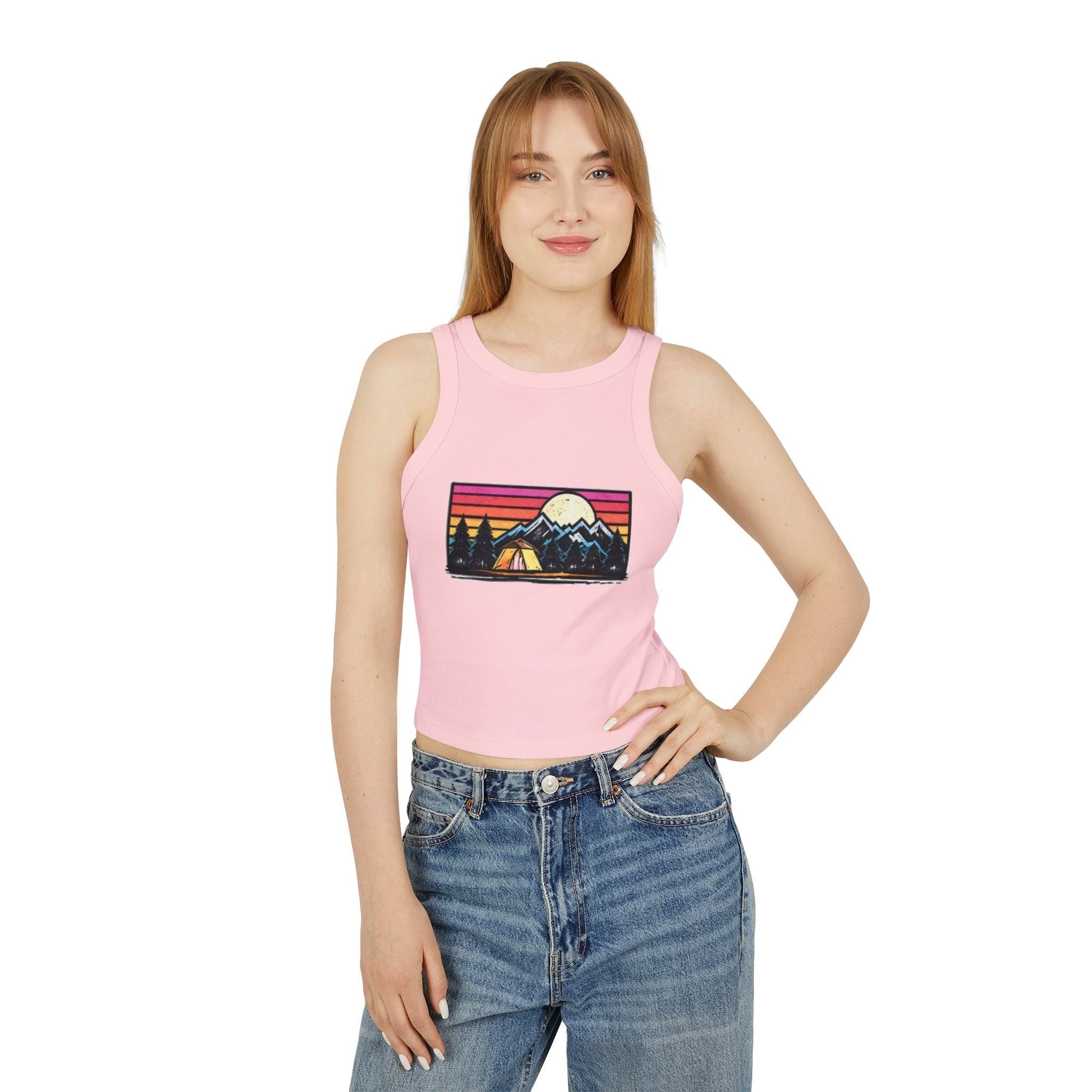 Womens Racer Tank Top | Vintage Sunset Camping Graphic