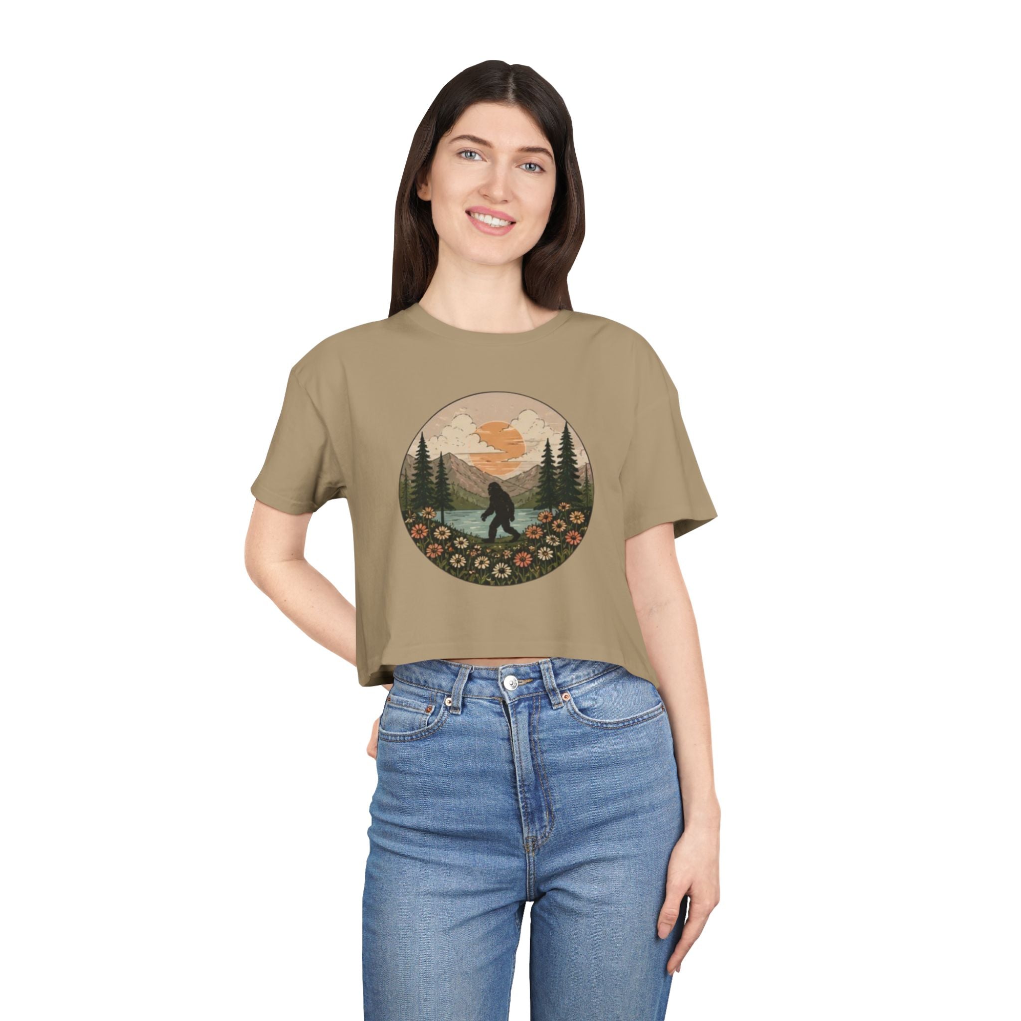 Bigfoot Sunset Crop Tee | Retro Mountain Floral Sasquatch Design