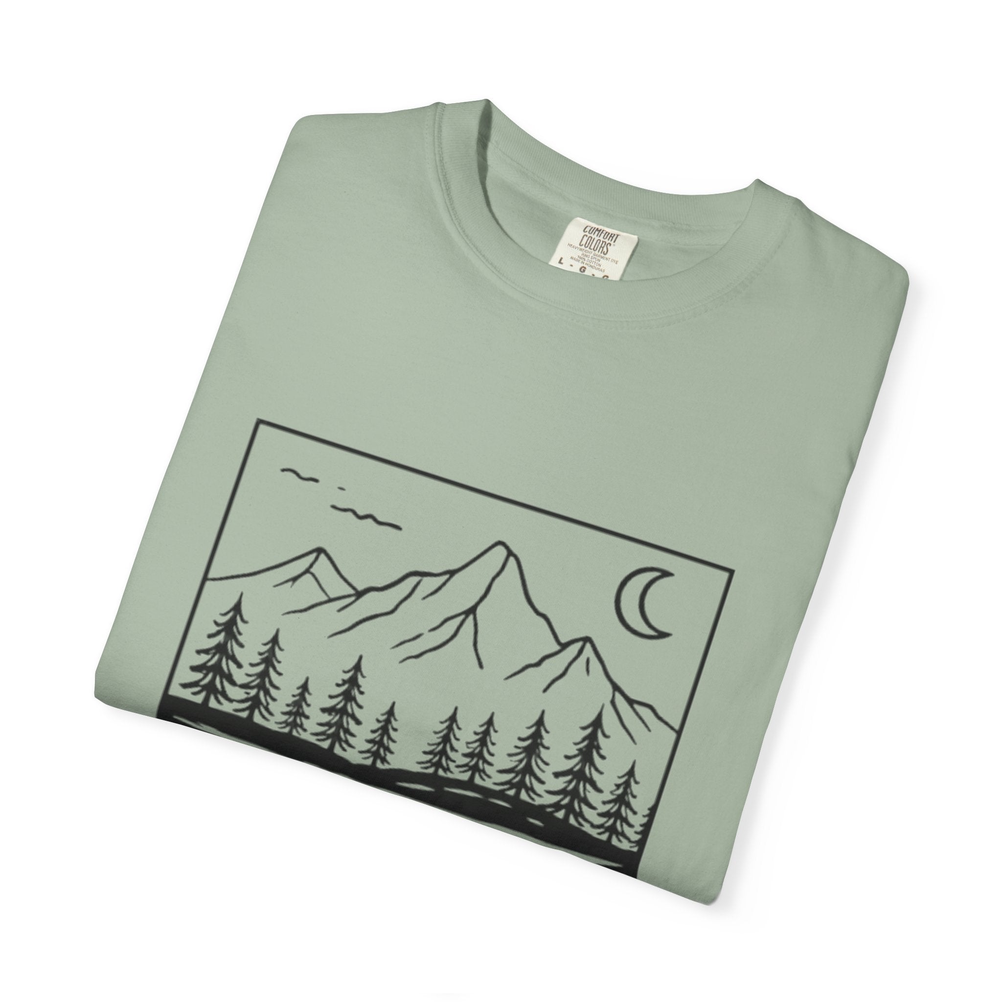 Mountain Lake T-Shirt | Minimal Nightscape with Pine Trees & Crescent Moon