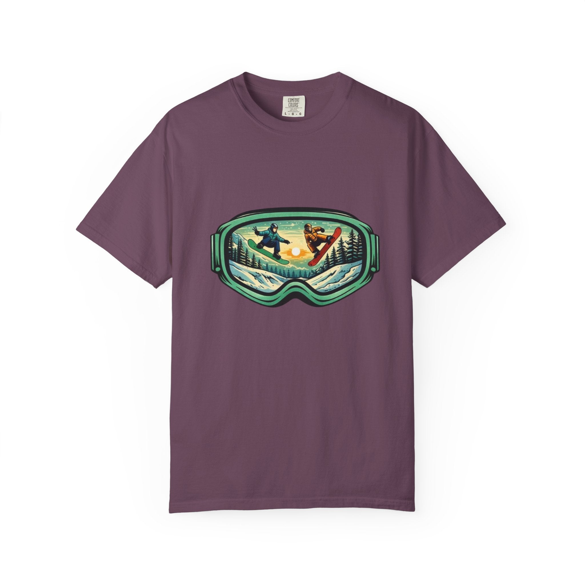 Snowboard Goggles Graphic T-Shirt | Mountain Scene with Ride the Ridge Design