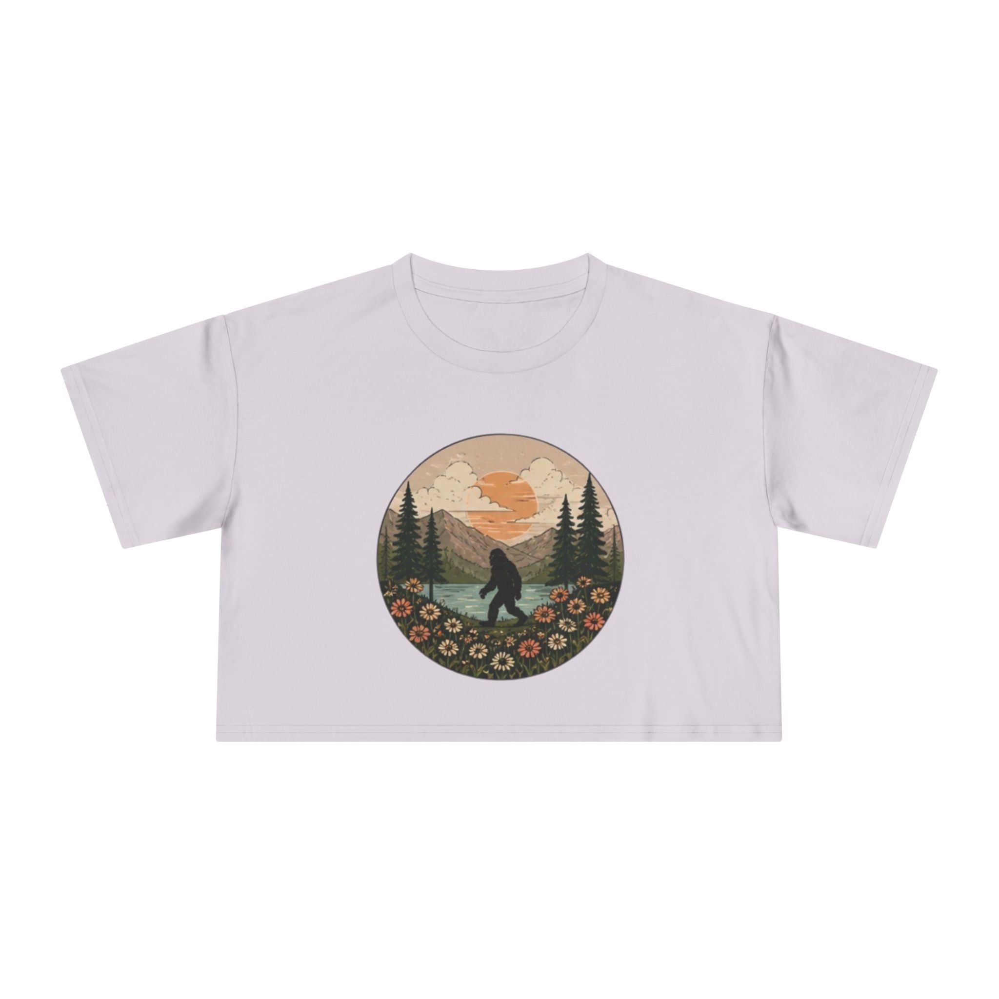 Bigfoot Sunset Crop Tee | Retro Mountain Floral Sasquatch Design