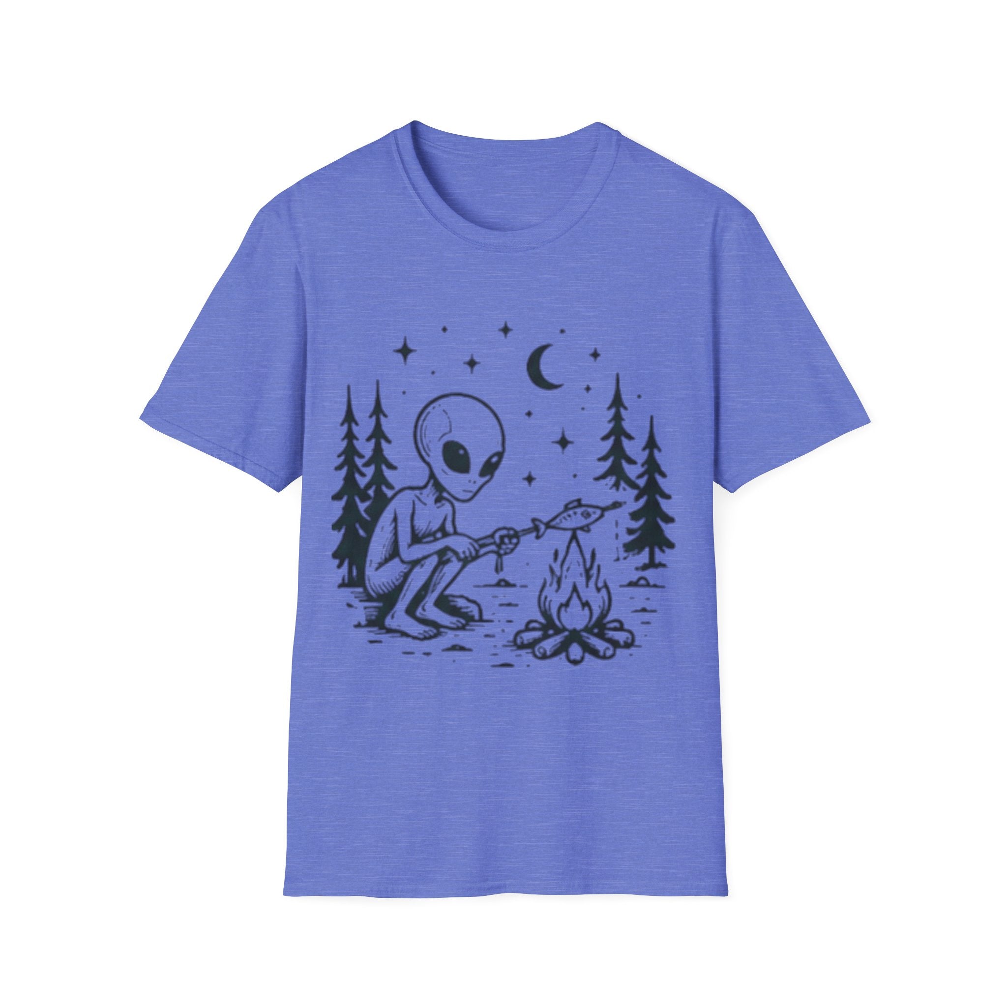 Alien Camping T-Shirt | Cute Space Alien Roasting Fish Graphic Tee