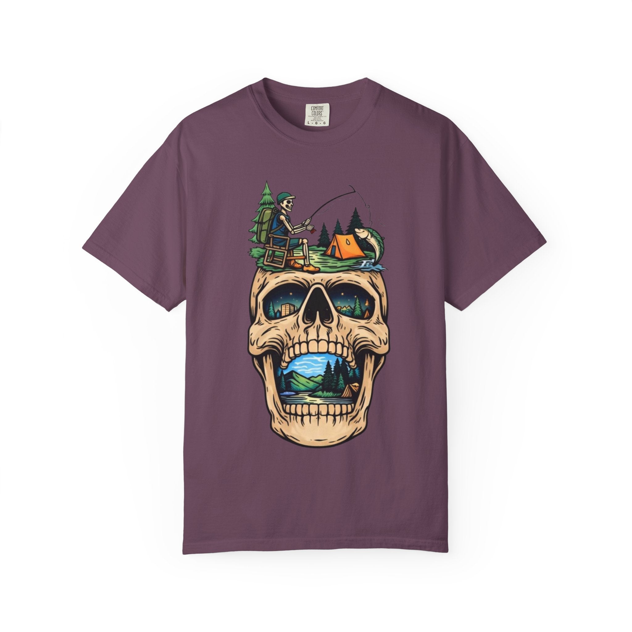 Skull Camping Scene T-shirt | Fishing, Tent, Forest Outdoor Graphic