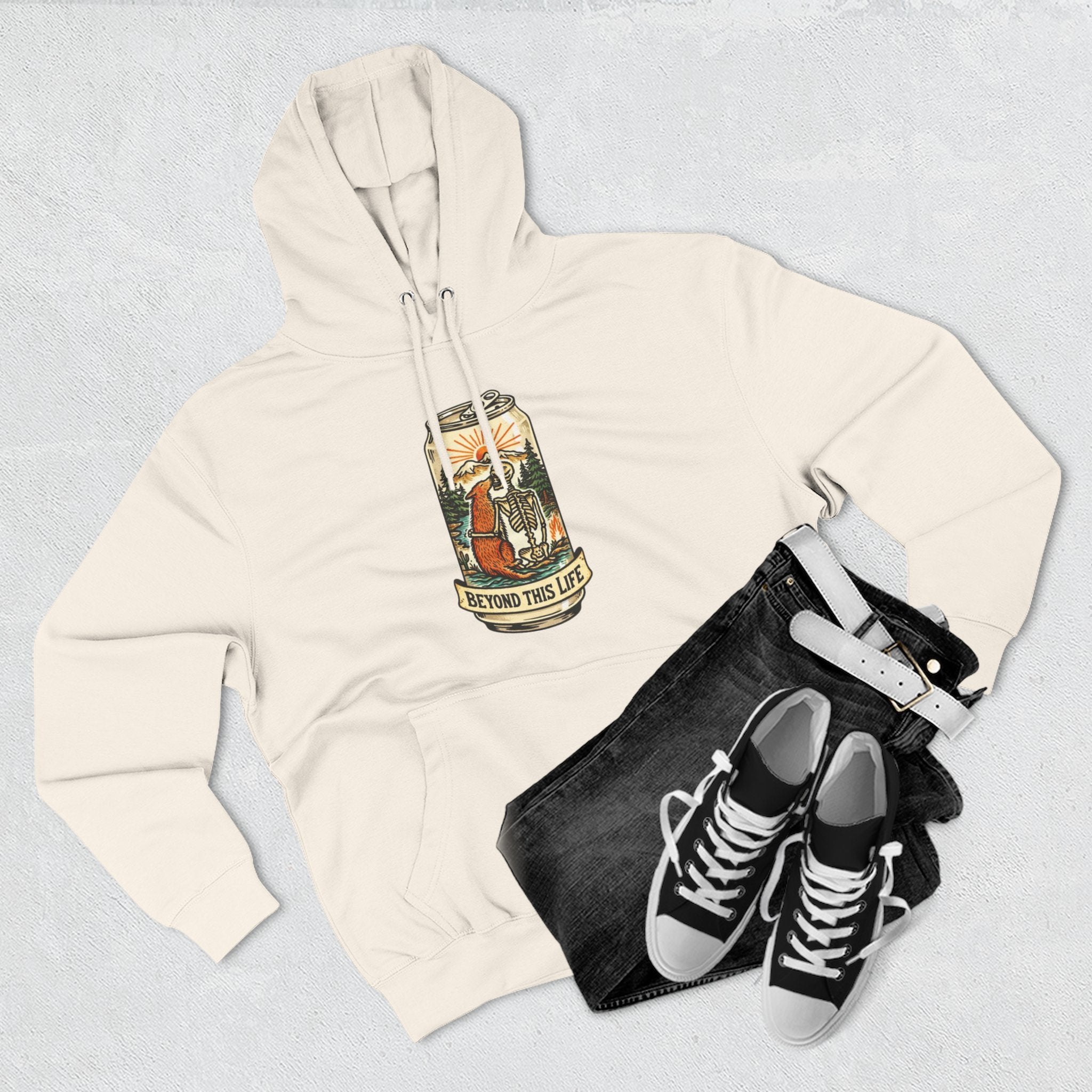 Vintage Skeleton and Dog Camper Hoodie | Beyond This Life Retro Travel Graphic