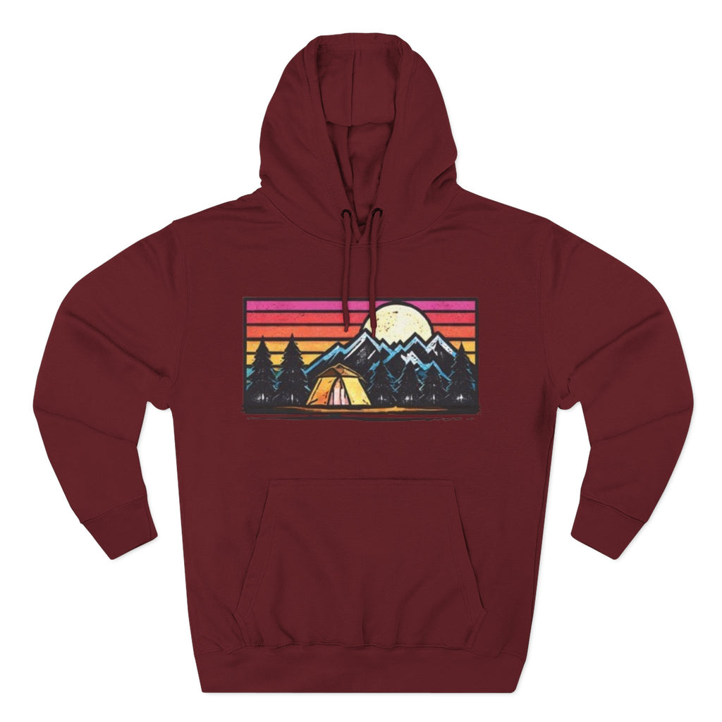 Retro Mountain Camping Hoodie — Sunrise Tent Graphic Fleece Hoodie