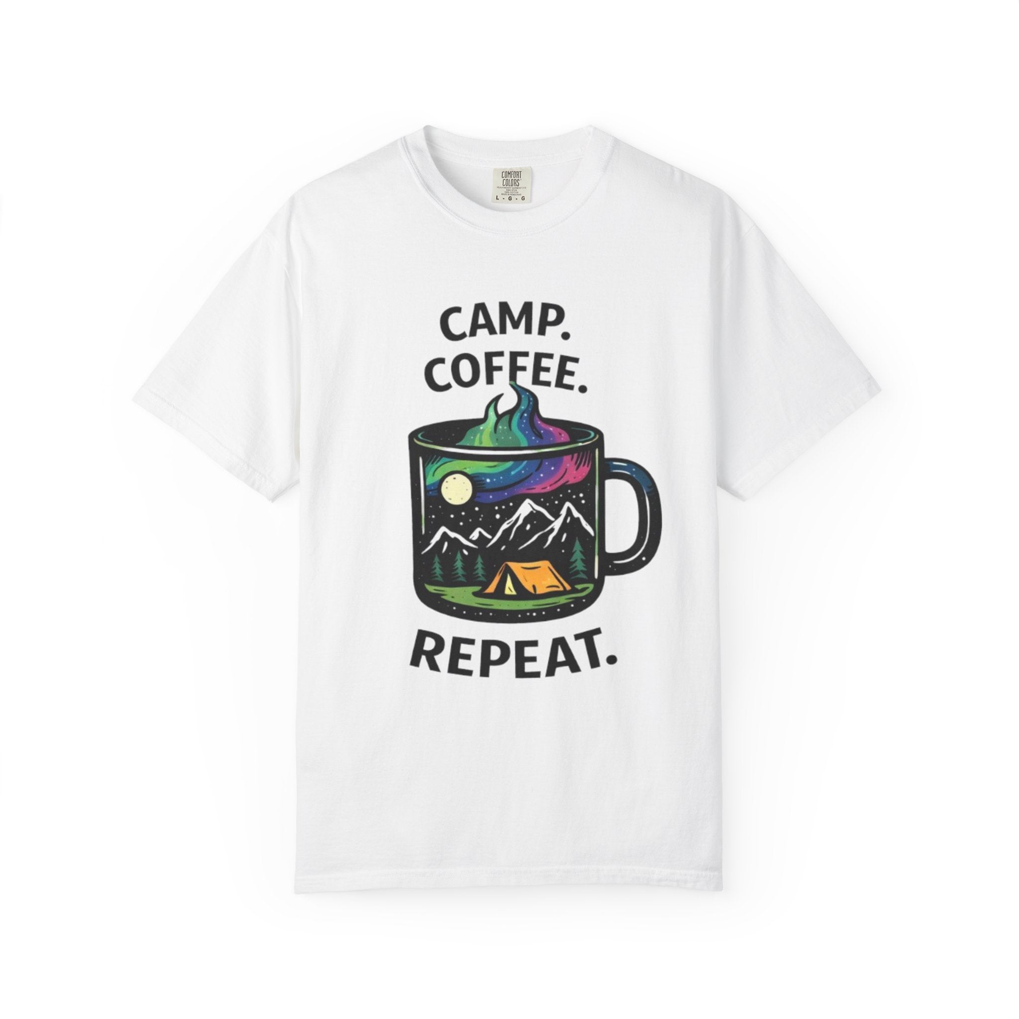 Camp Coffee Repeat T-Shirt | Camping Mug Graphic Tee