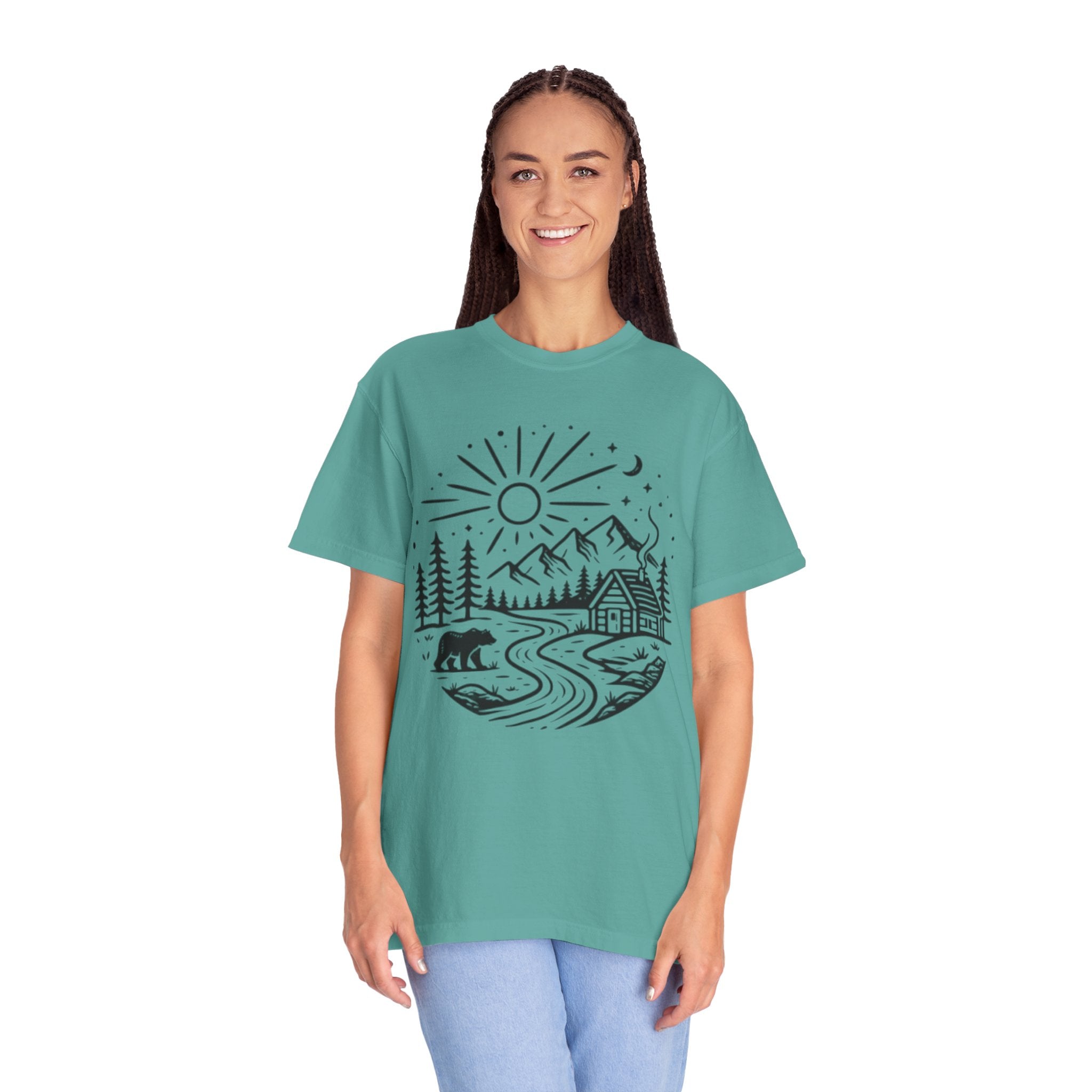 Nature Cabin T-Shirt | Scenic Mountain, River & Bear Outdoor Graphic Tee