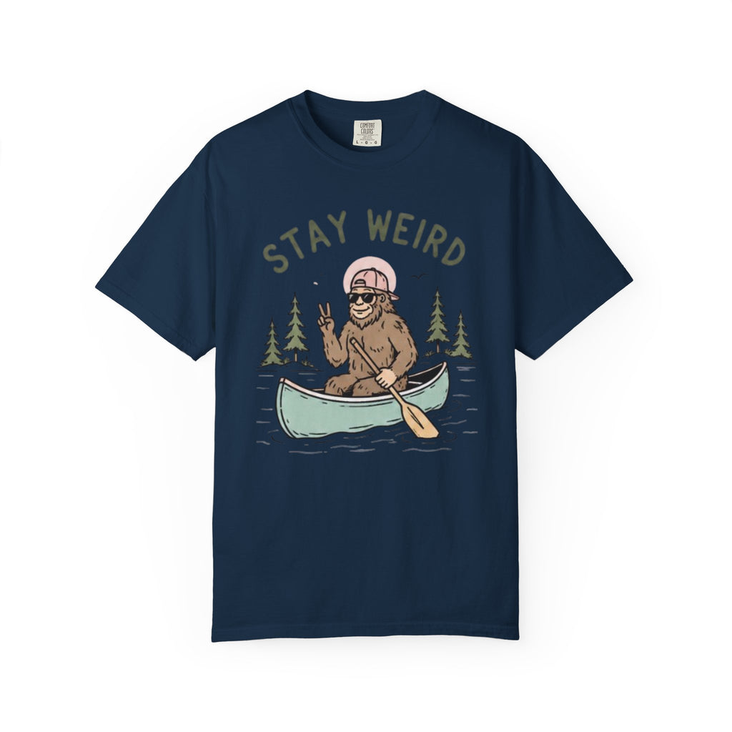 Stay Weird Canoe T-Shirt | Funny Bigfoot Paddling Outdoors Graphic Tee