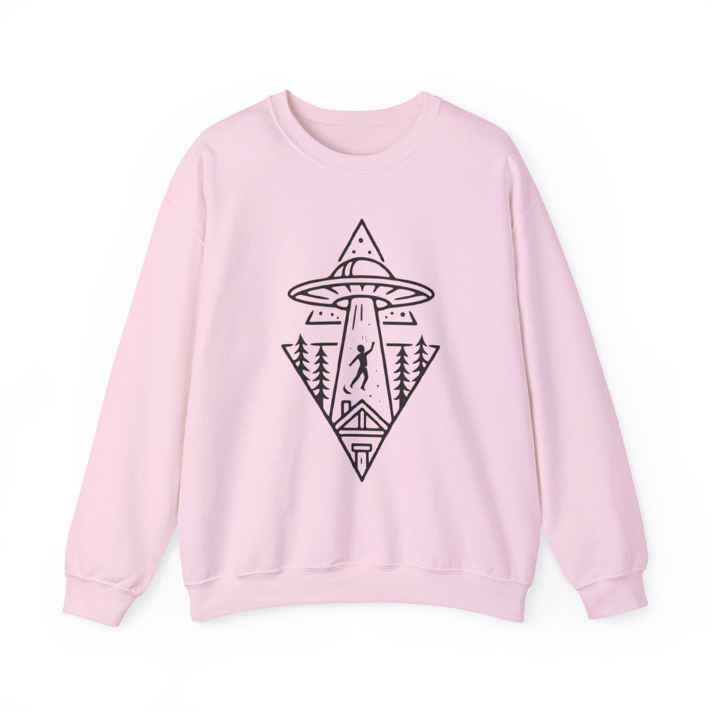 Alien Abduction Crewneck Sweatshirt | Geometric UFO Forest Design