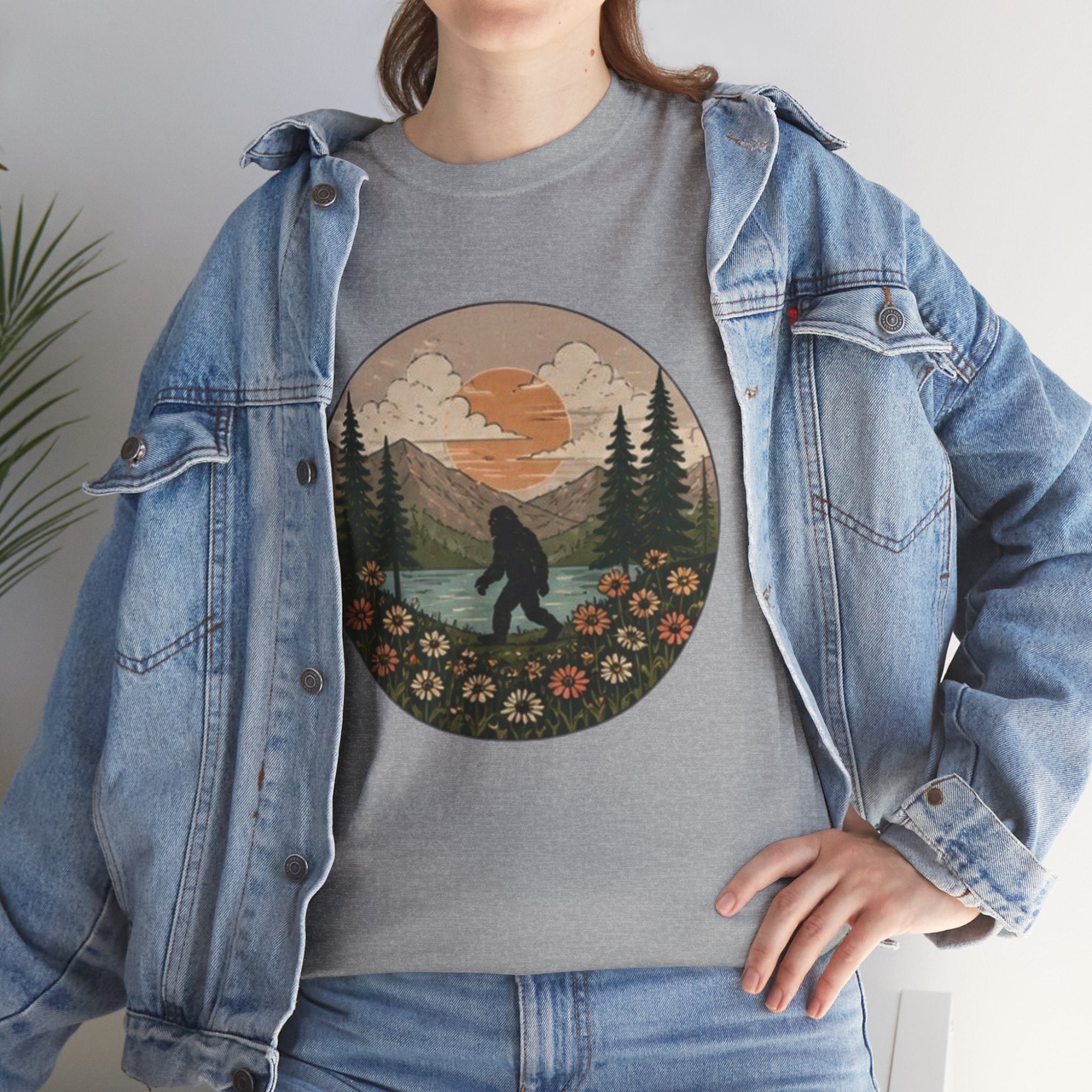 Bigfoot Meadow Retro Tee | Vintage Sasquatch with Flowers