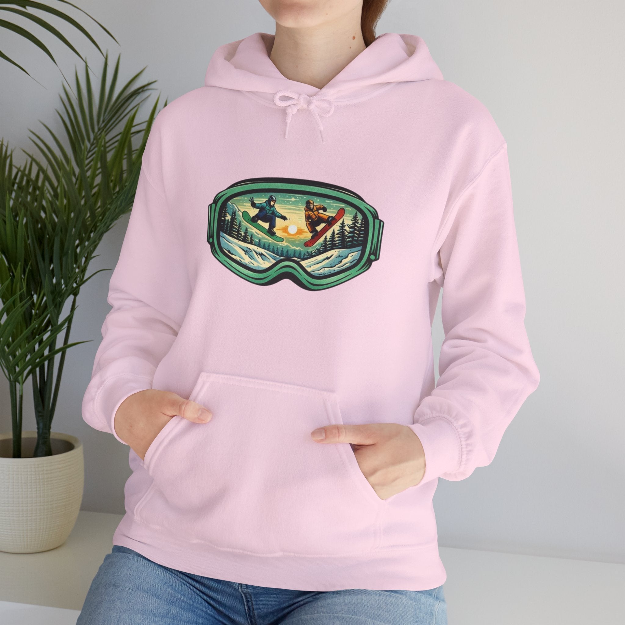 Snowboard Goggles Graphic Hoodie | Winter Mountain Sunset Scene